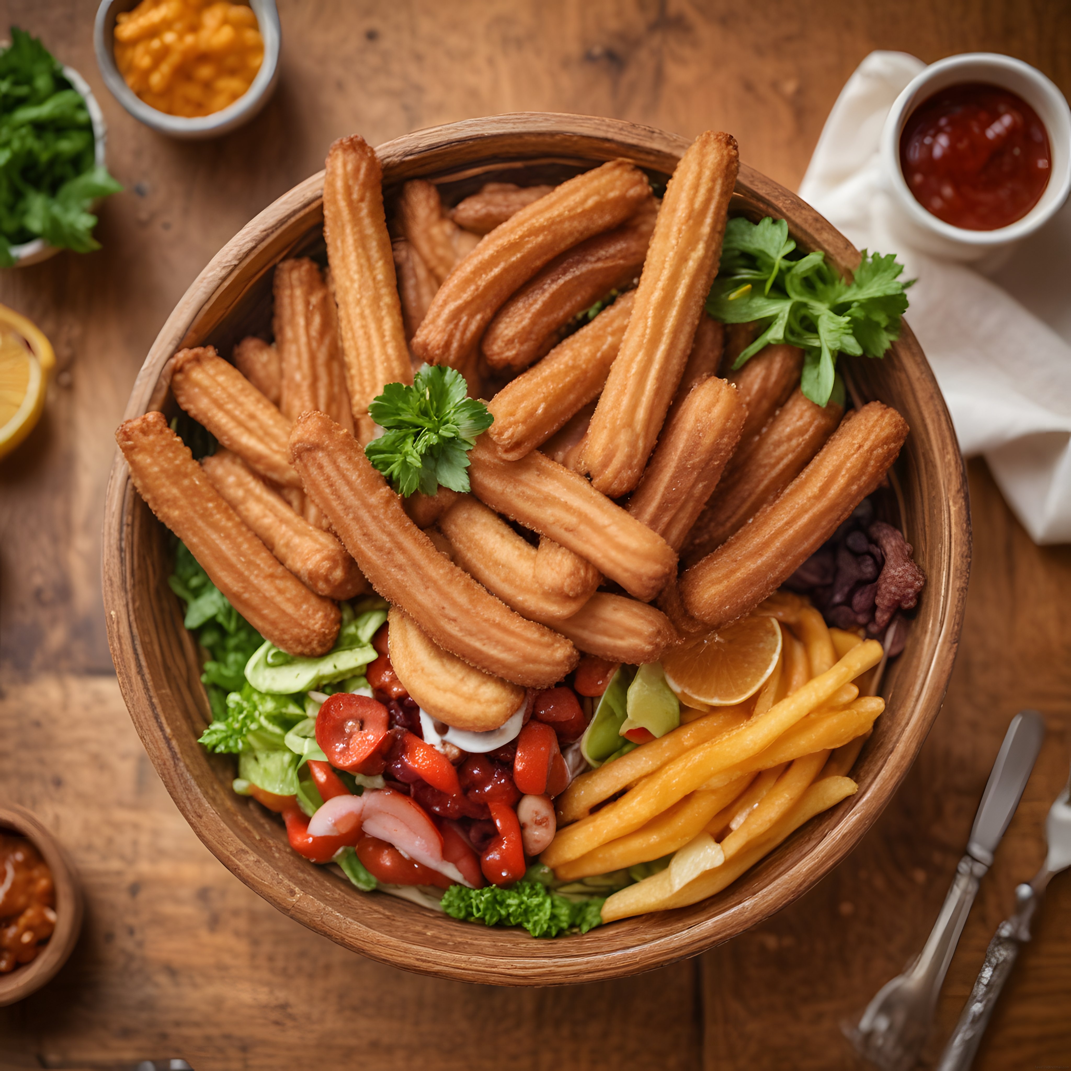 Ahşap Masada Meksika Usulü Churros Kasesi ve Soslarla Egzotik Lezzet Sunumu