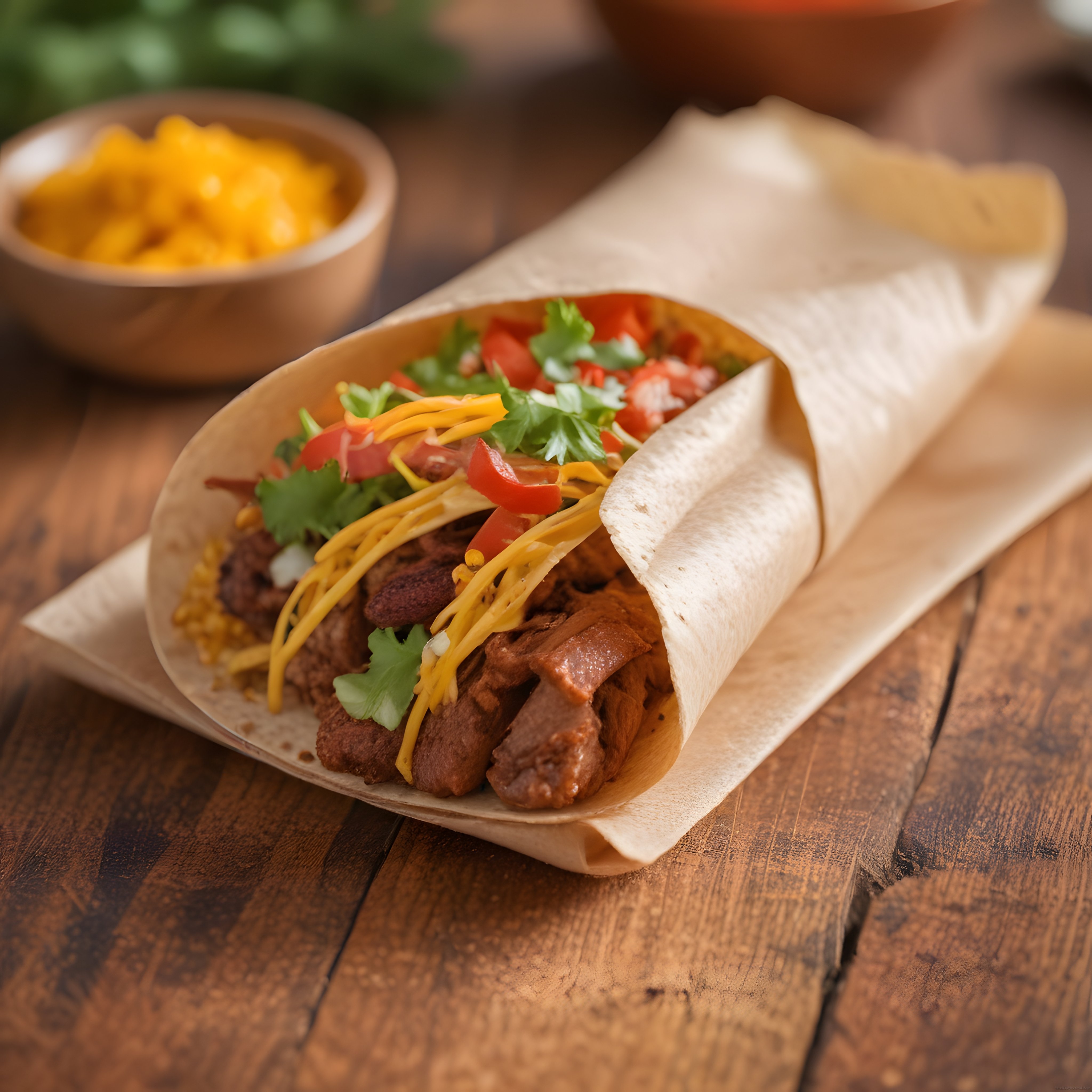 Ahşap Masada Meksika Usulü Ev Yapımı Etli Taco ve Cheddar Sunumu