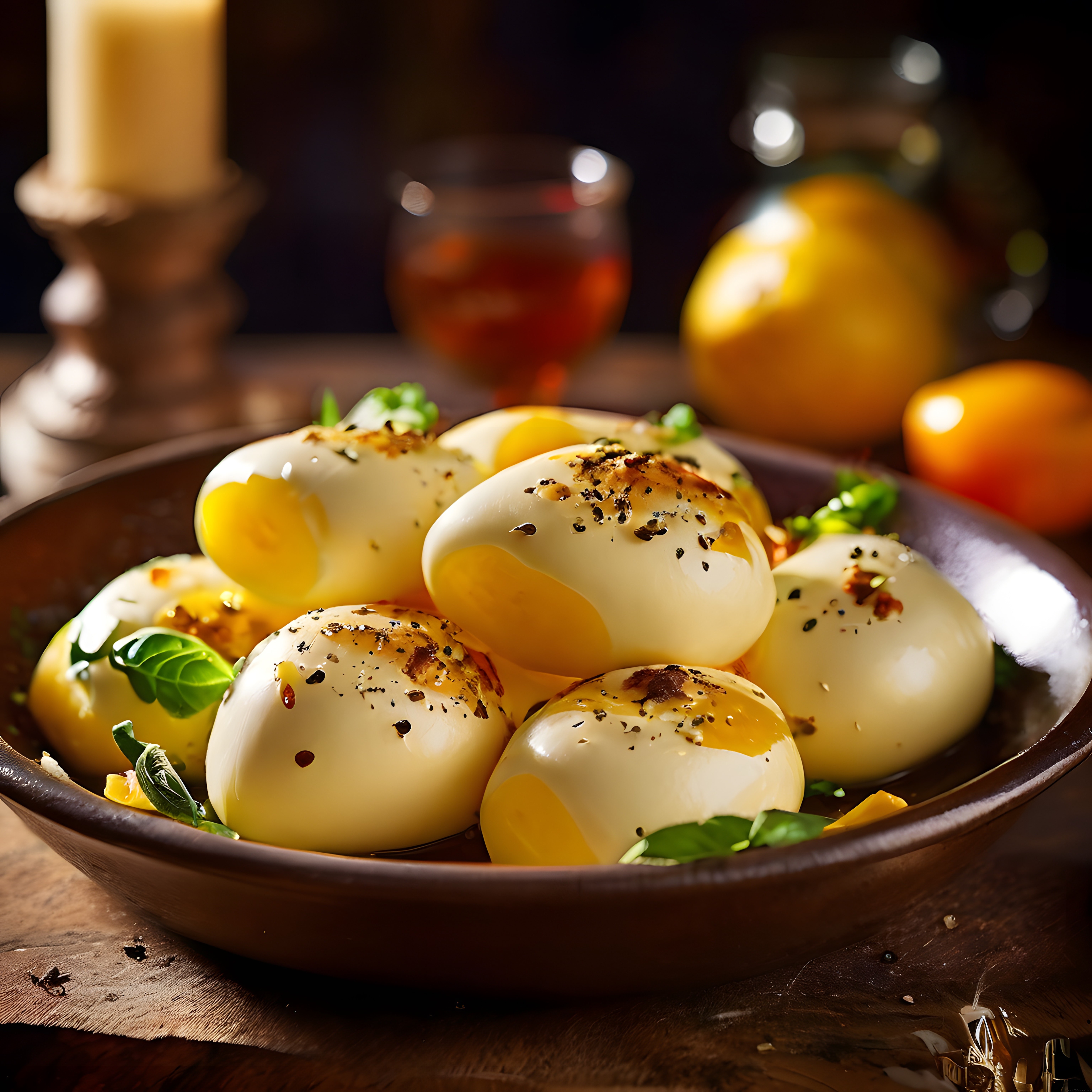 Ahşap Masada Mum Işığında Baharatlı Taze Mozzarella ve Fesleğen Sunumu