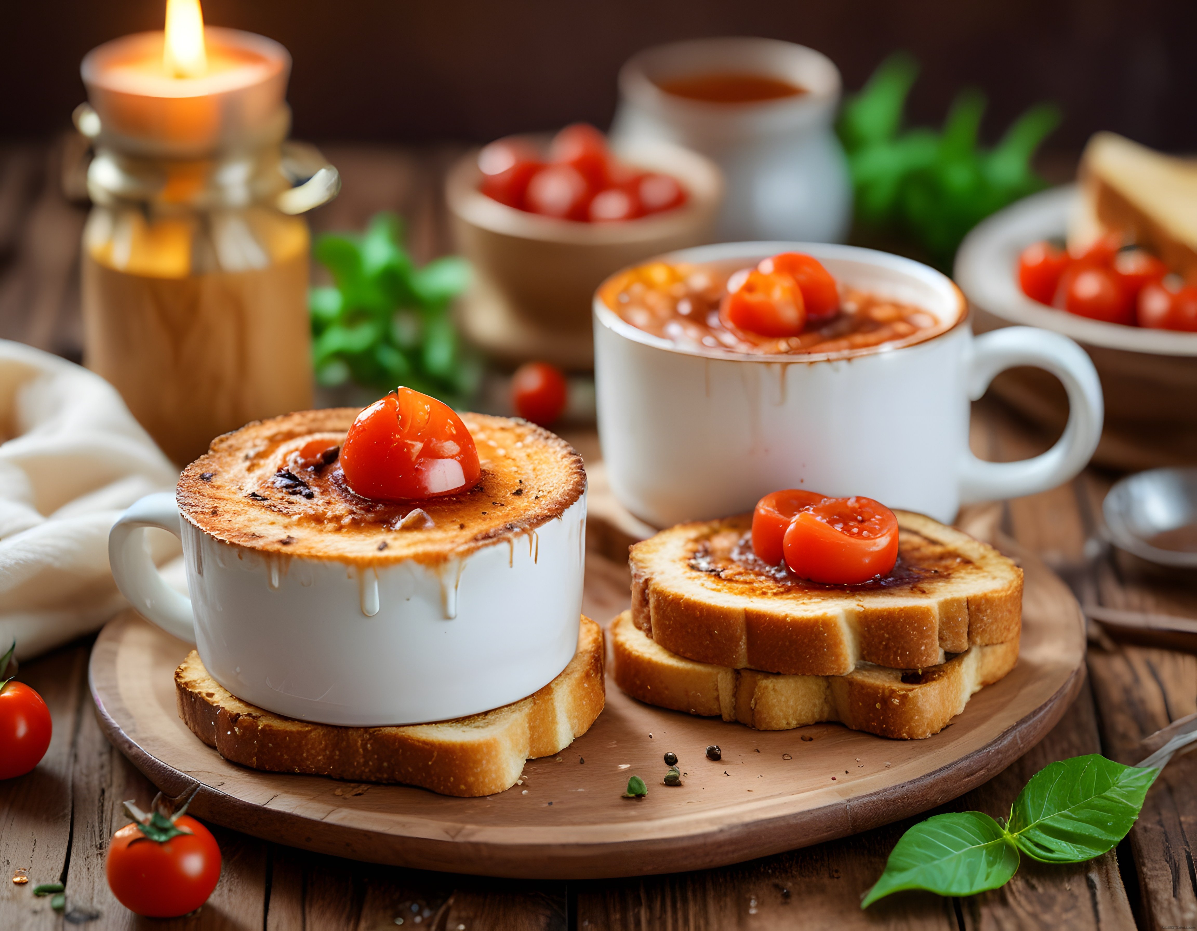 Ahşap Masada Mum Işığında Sıcak Domates Çorbası ve Kızarmış Ekmek Sunumu