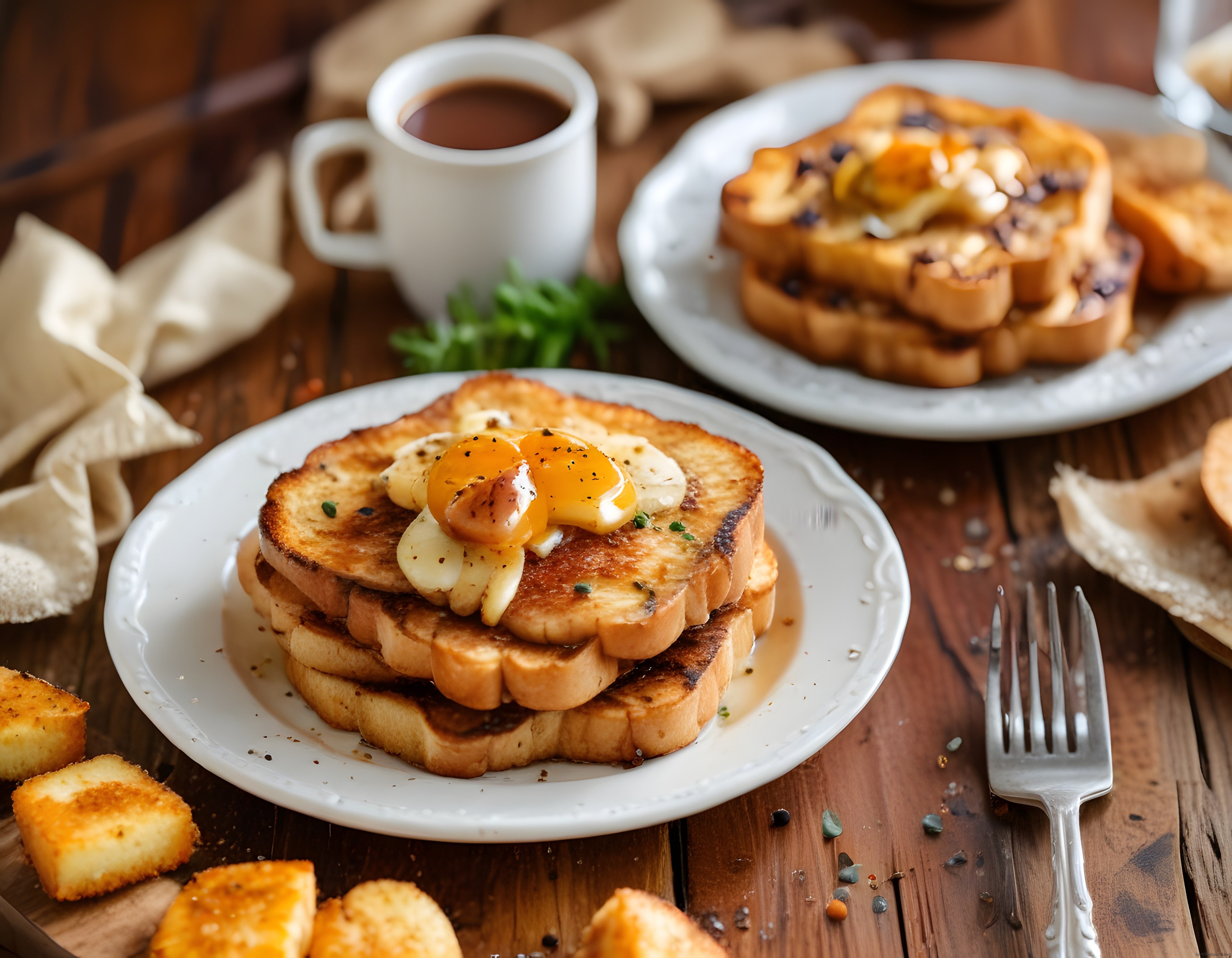 Ahşap Masada Muzlu ve Karamel Soslu French Toast Kahvaltı Sunumu
