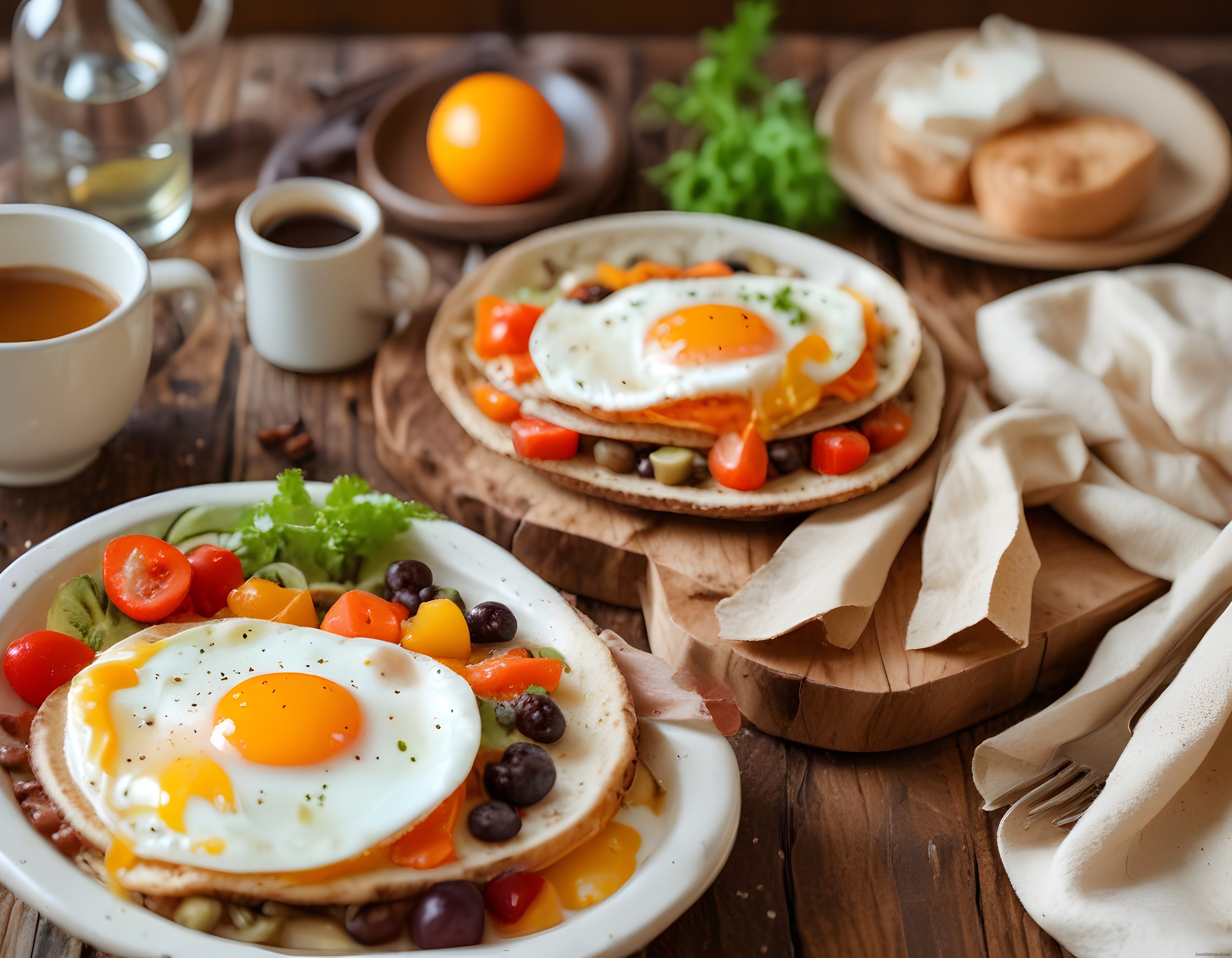 Ahşap masada nefis bir kahvaltı: yumurtalı ekmek, taze sebzeler ve sıcak kahve