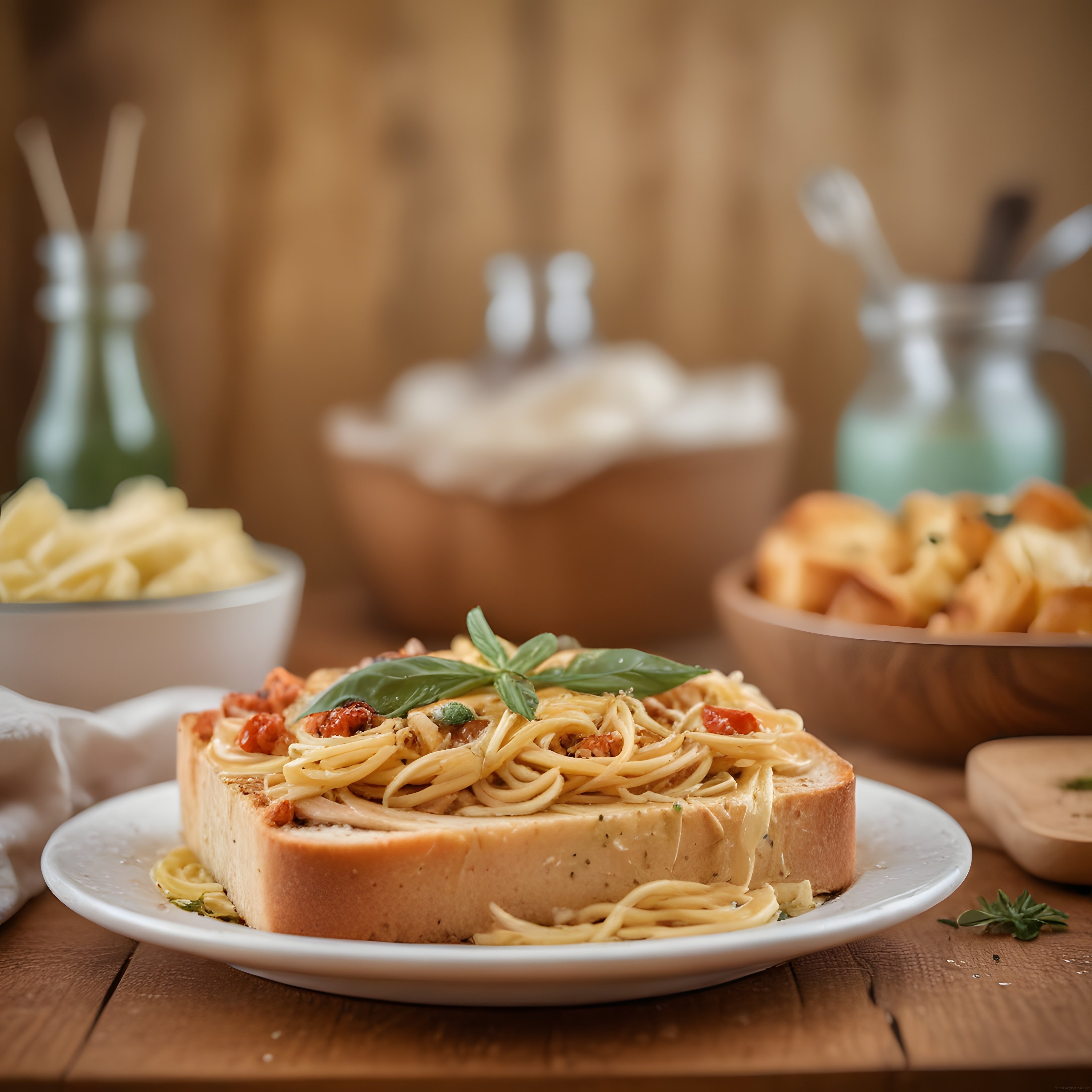 Ahşap Masada Nefis Domatesli Spagetti ve Taze Fesleğen ile Şık Sunum