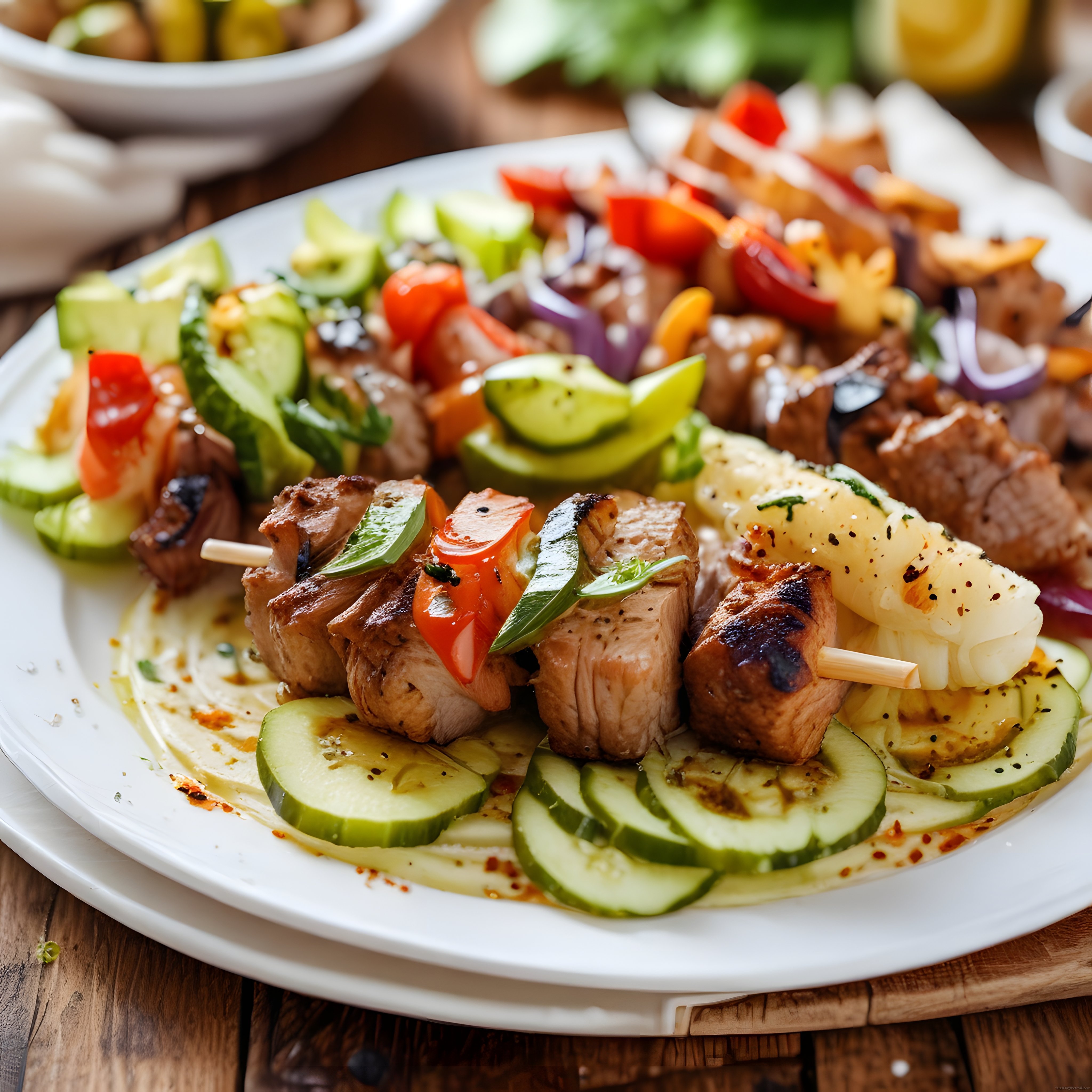 Ahşap Masada Nefis Et Şiş Kebap ve Izgara Sebzelerle Şık Sunum