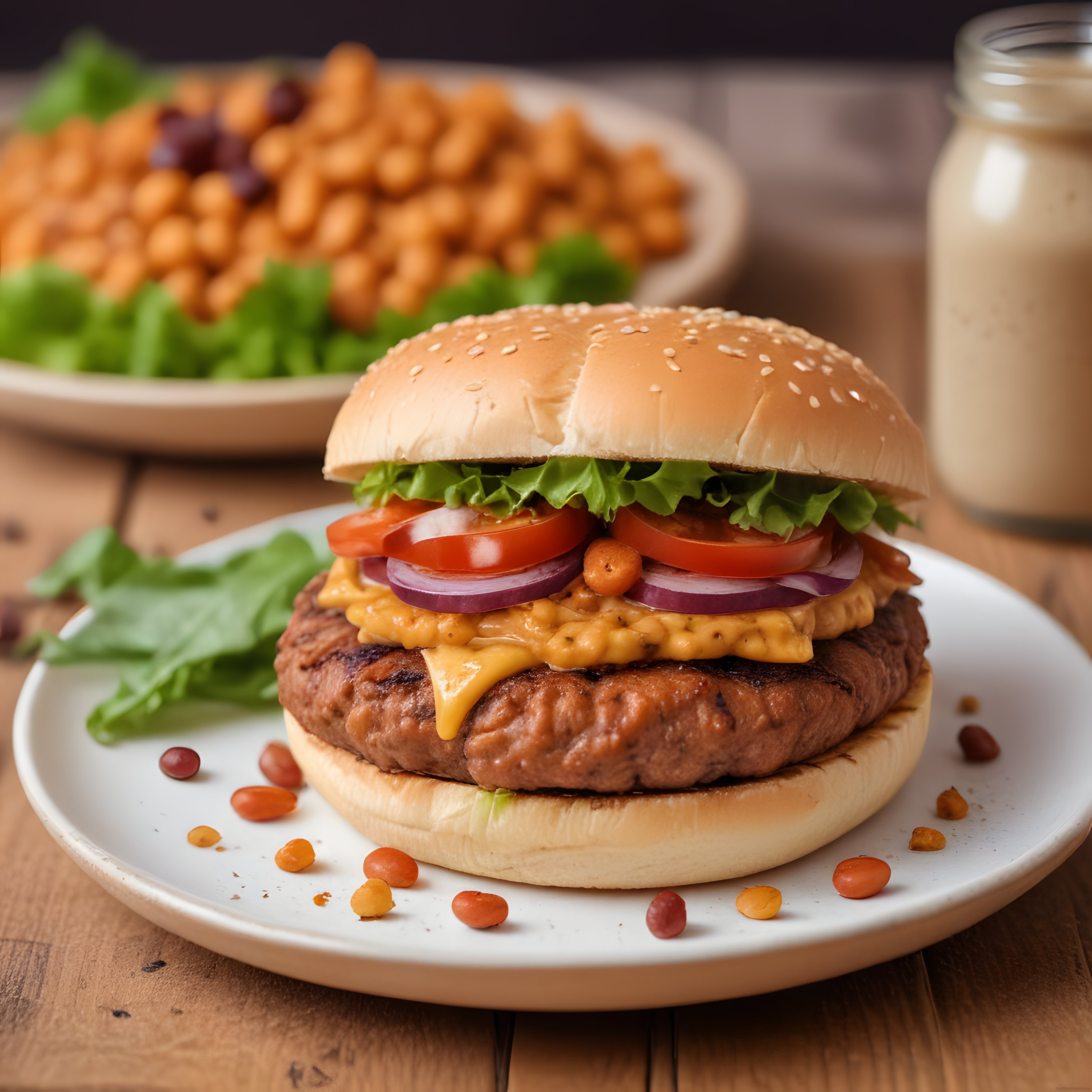 Ahşap Masada Nefis Izgara Köfteli Susamlı Hamburger ve Kızarmış Nohut