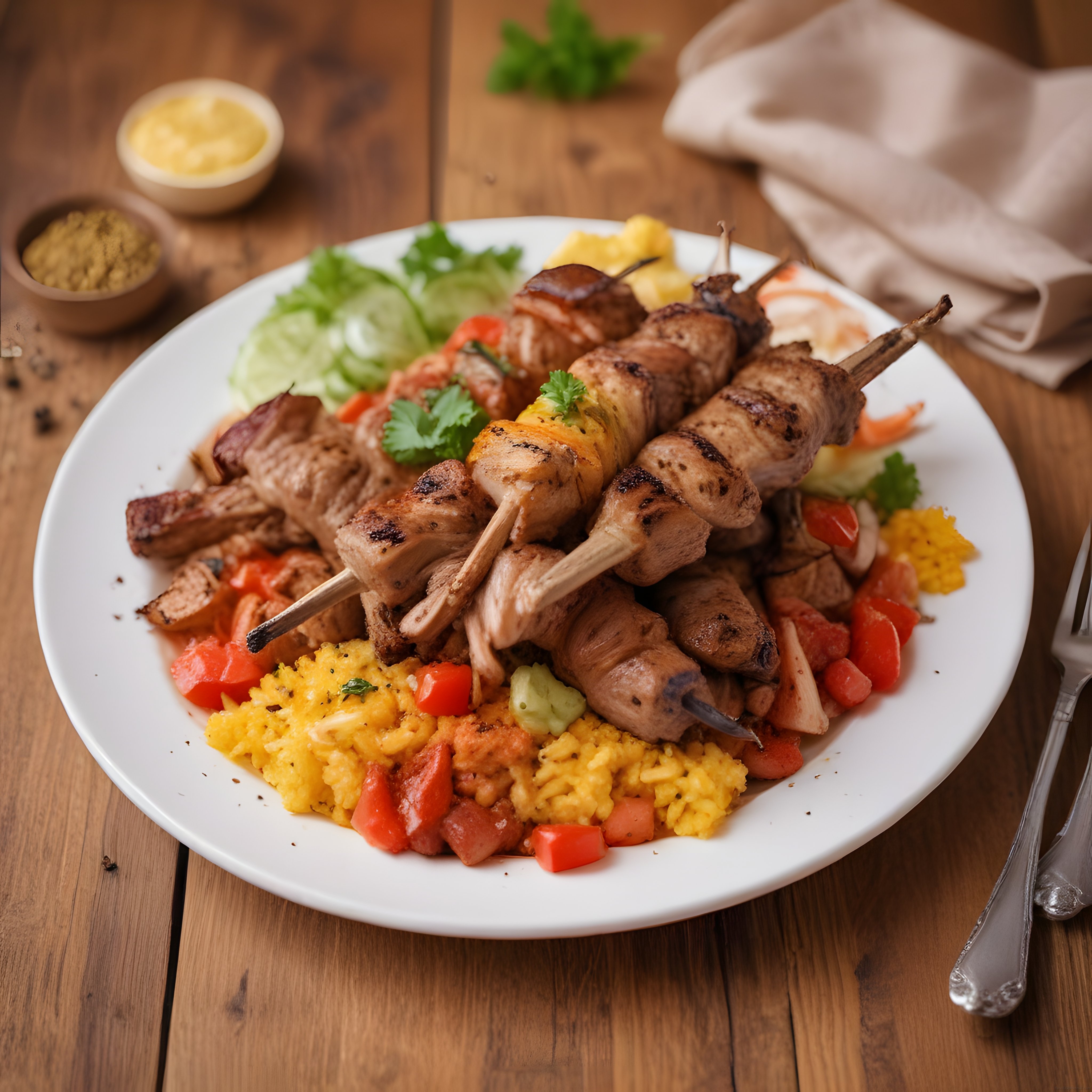 Ahşap Masada Nefis Izgara Şiş Kebap, Sarı Pilav ve Taze Salata Sunumu