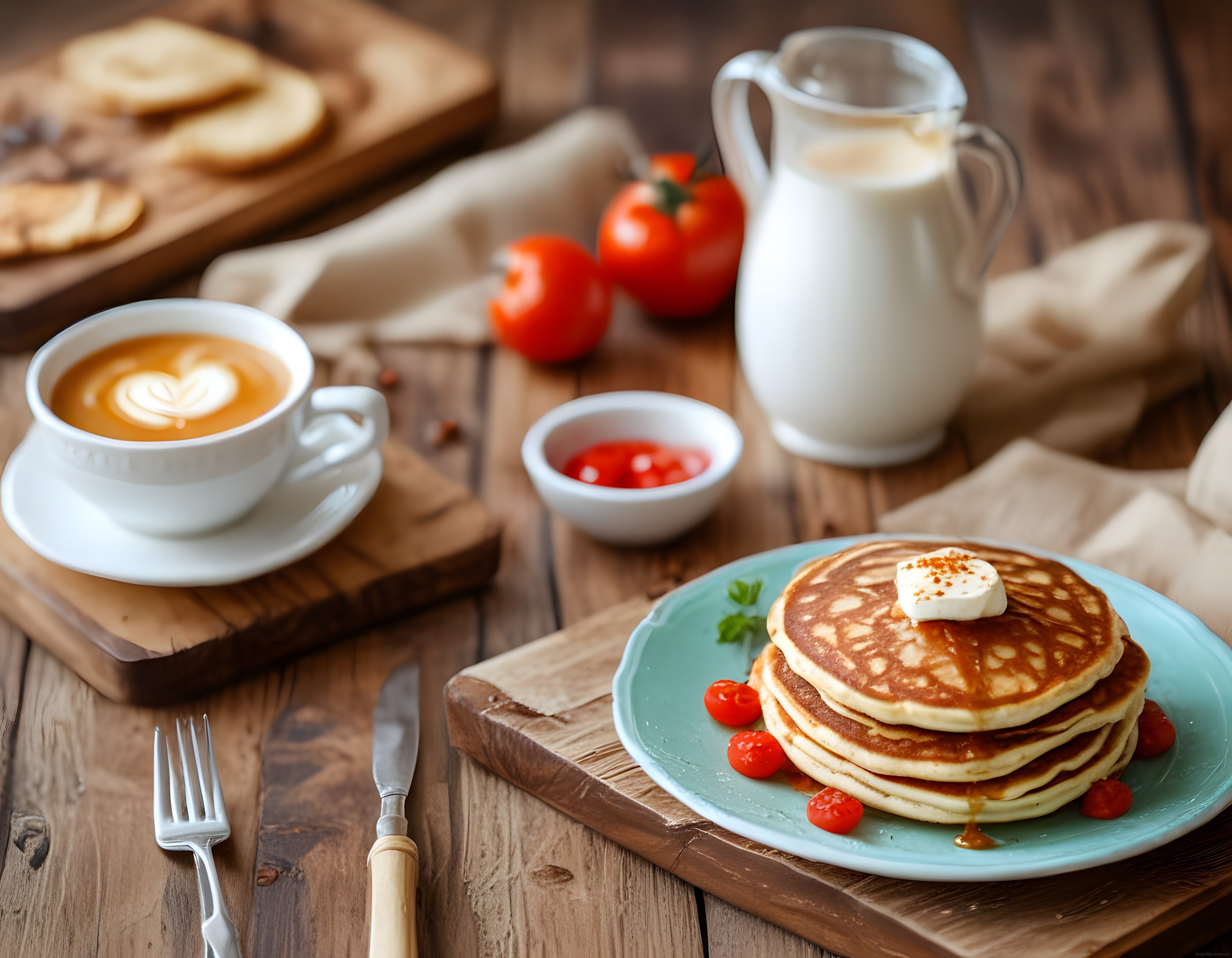 Ahşap Masada Nefis Kahvaltı Keyfi: Pankek, Tereyağı ve Latte Sanatı
