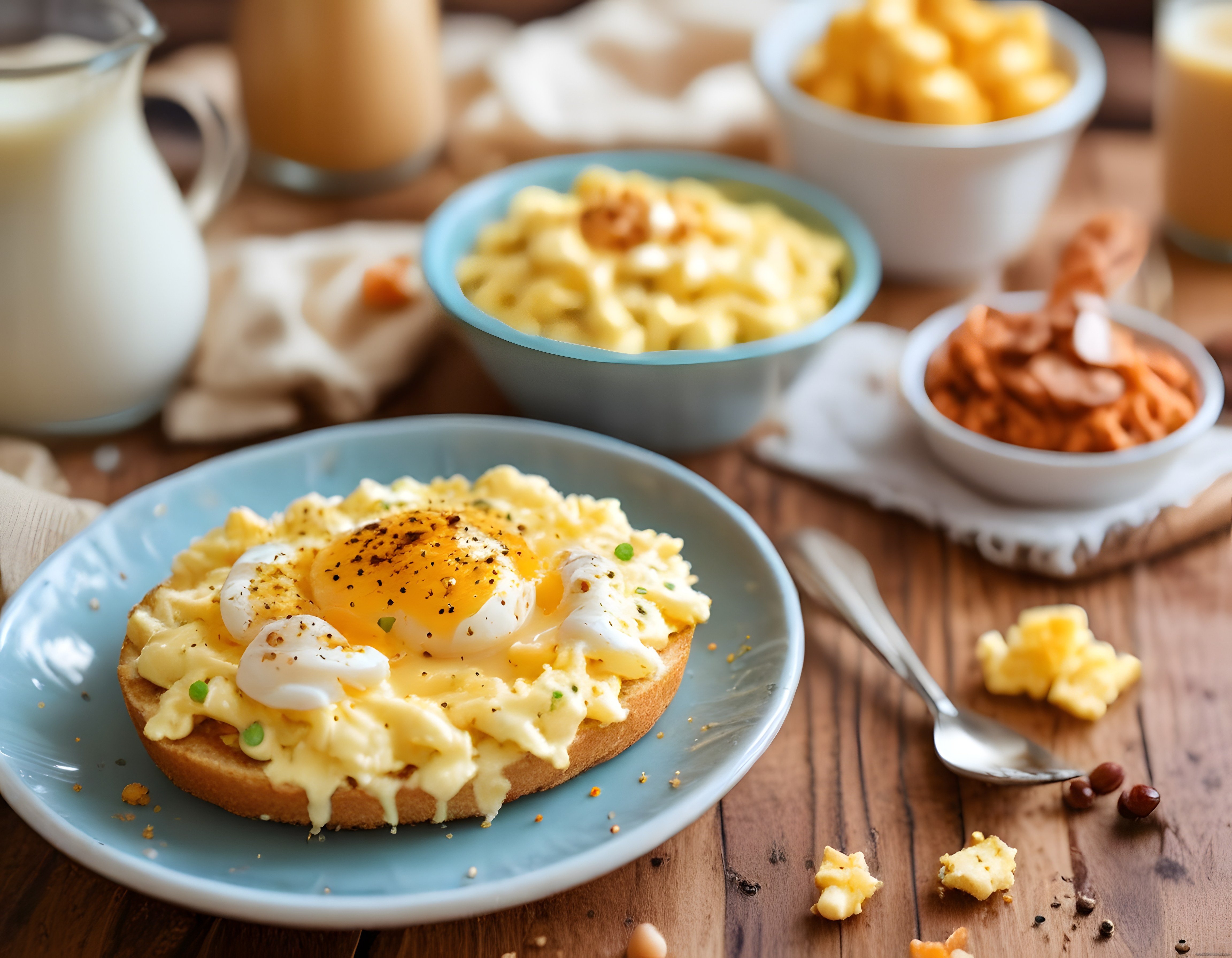 Ahşap masada nefis kahvaltı sunumu: omletli ekmek üzerinde akışkan yumurta