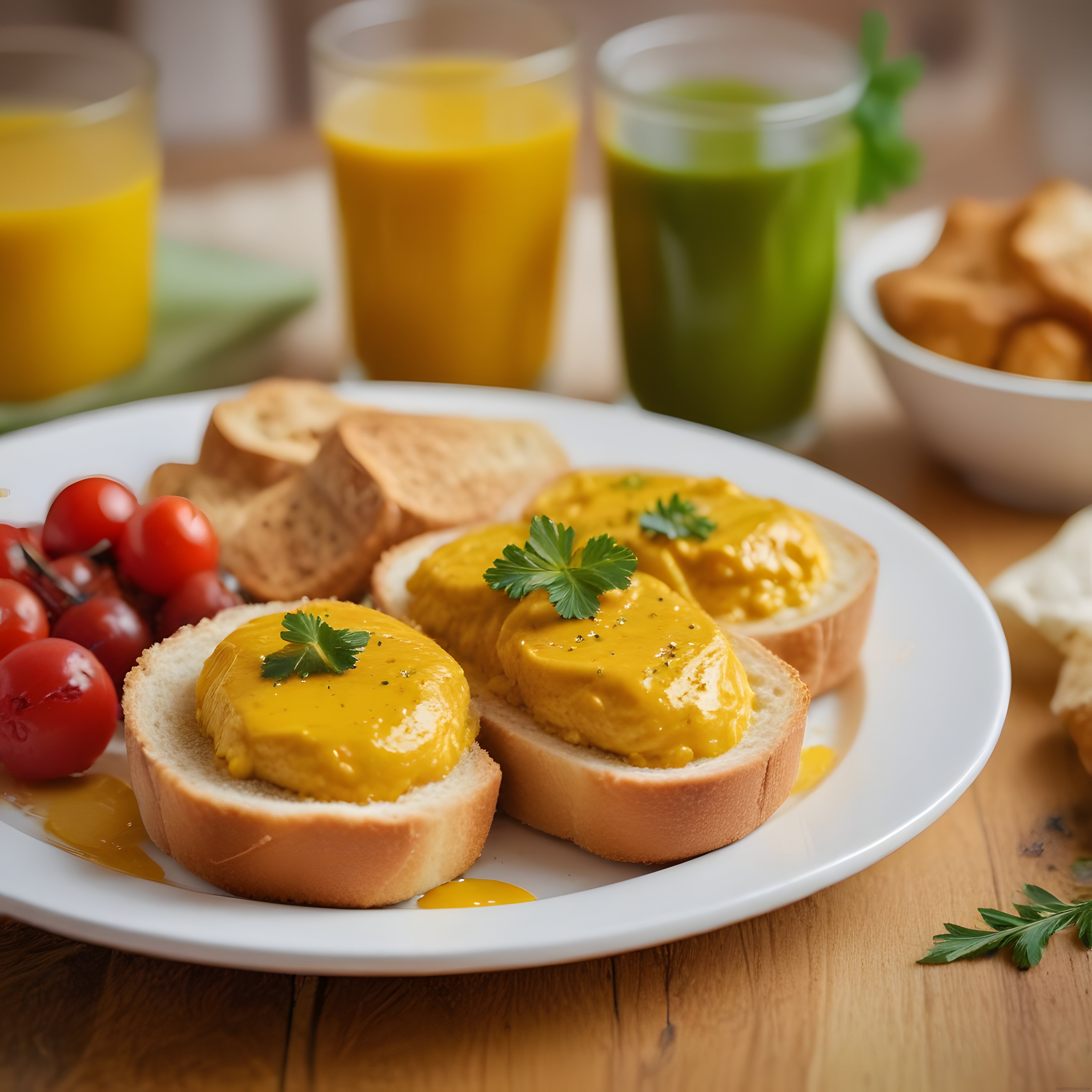 Ahşap Masada Nefis Kahvaltı Tabağı, Sarı Soslu Ekmekler ve Smoothie