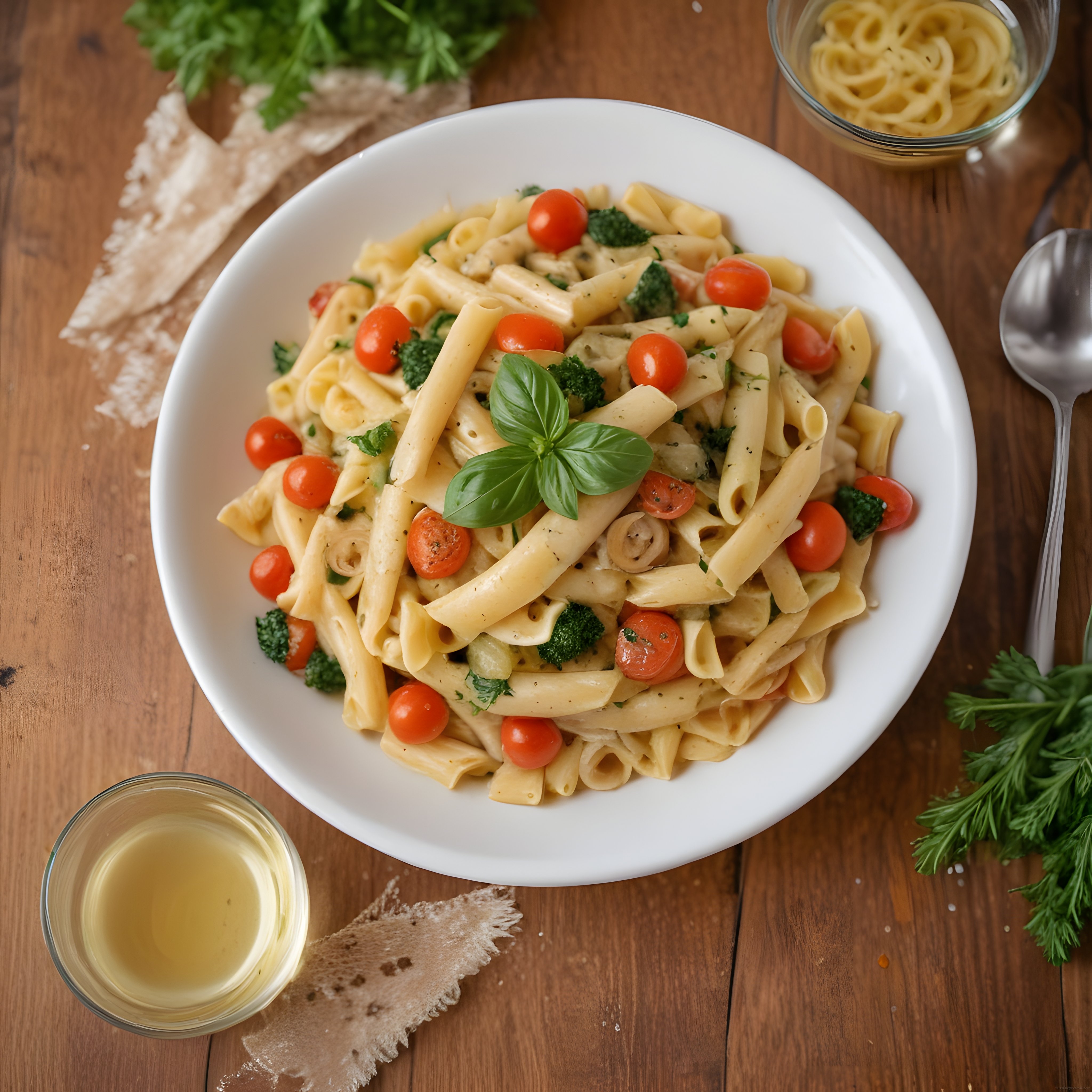 Ahşap Masada Nefis Kremalı Penne Makarna ve Taze Fesleğen Süslemesi