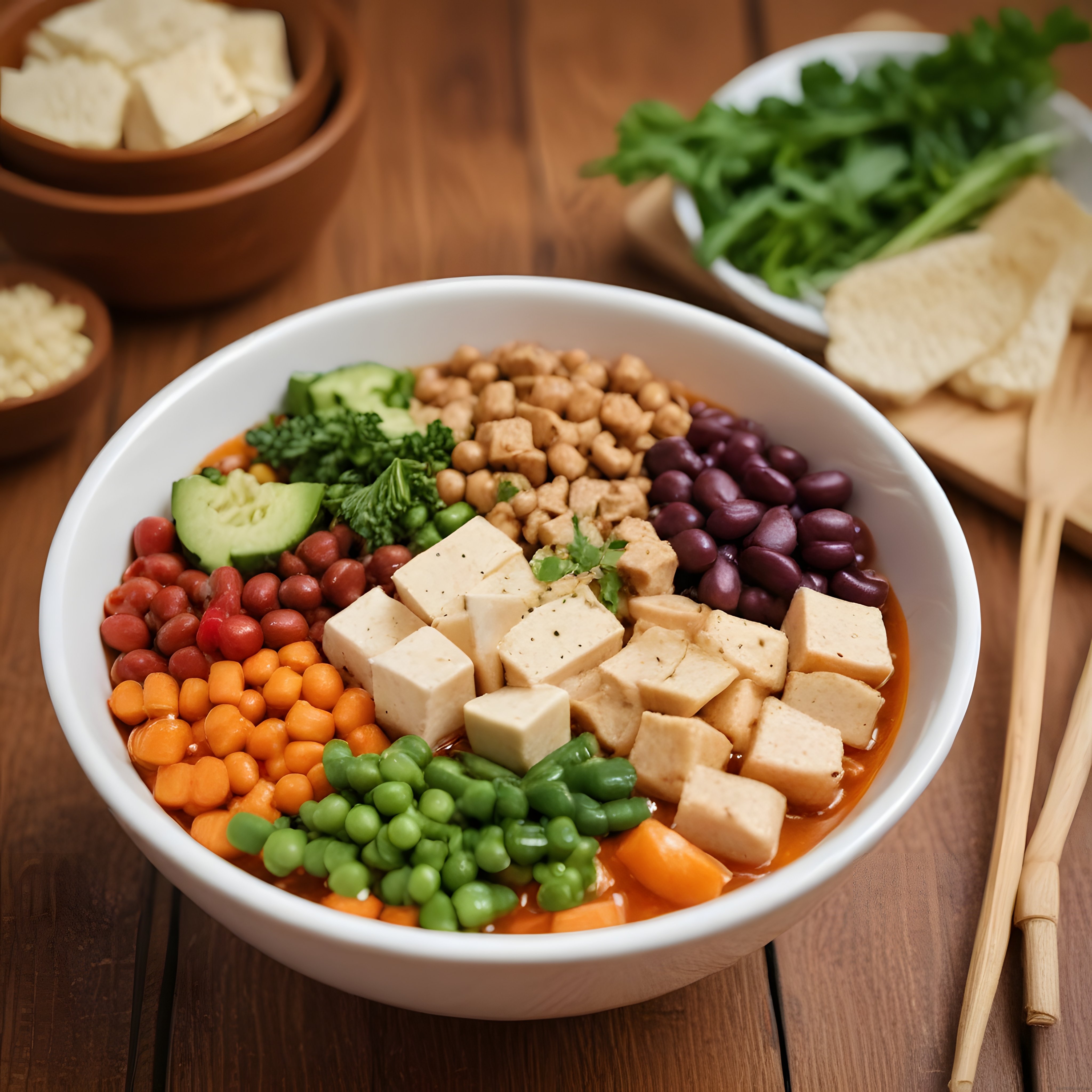 ahşap masada nefis tofulu vegan buddha bowl ve taze malzemeler sunumu