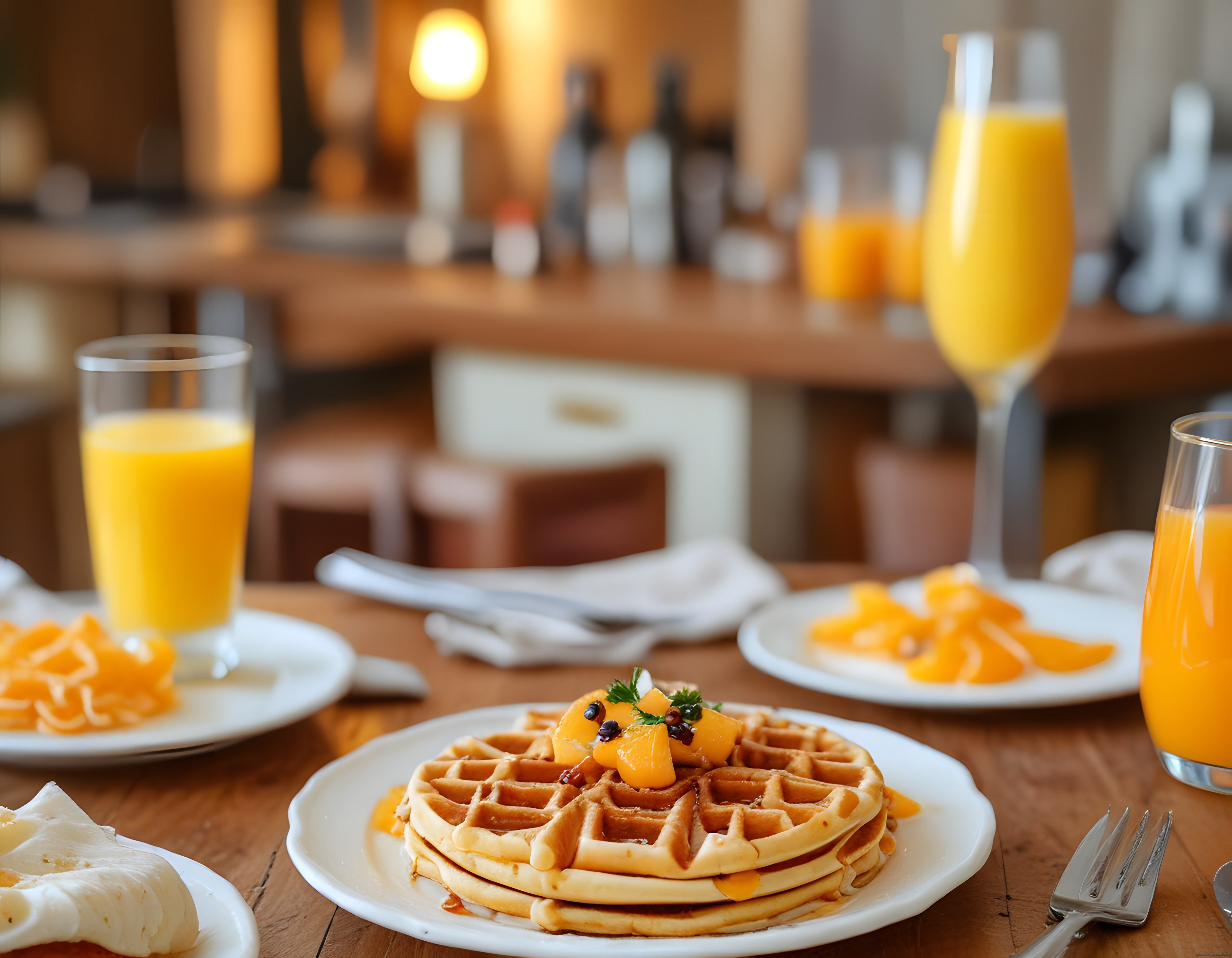 Ahşap masada nefis waffle ve portakal suyuyla hazırlanmış kahvaltı sofrası
