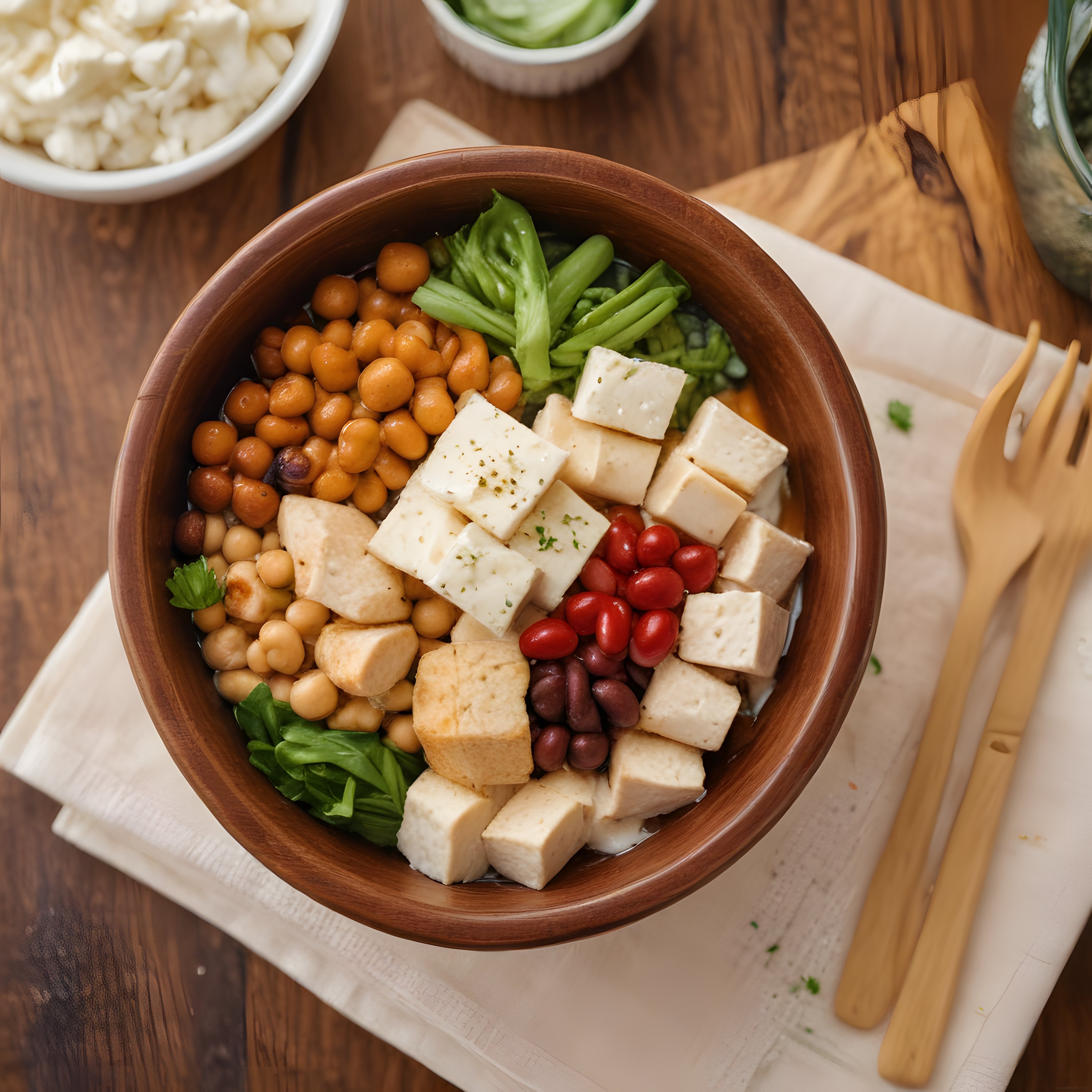 Ahşap Masada Nohut ve Tofulu Renkli Sağlıklı Buddha Bowl Kasesi