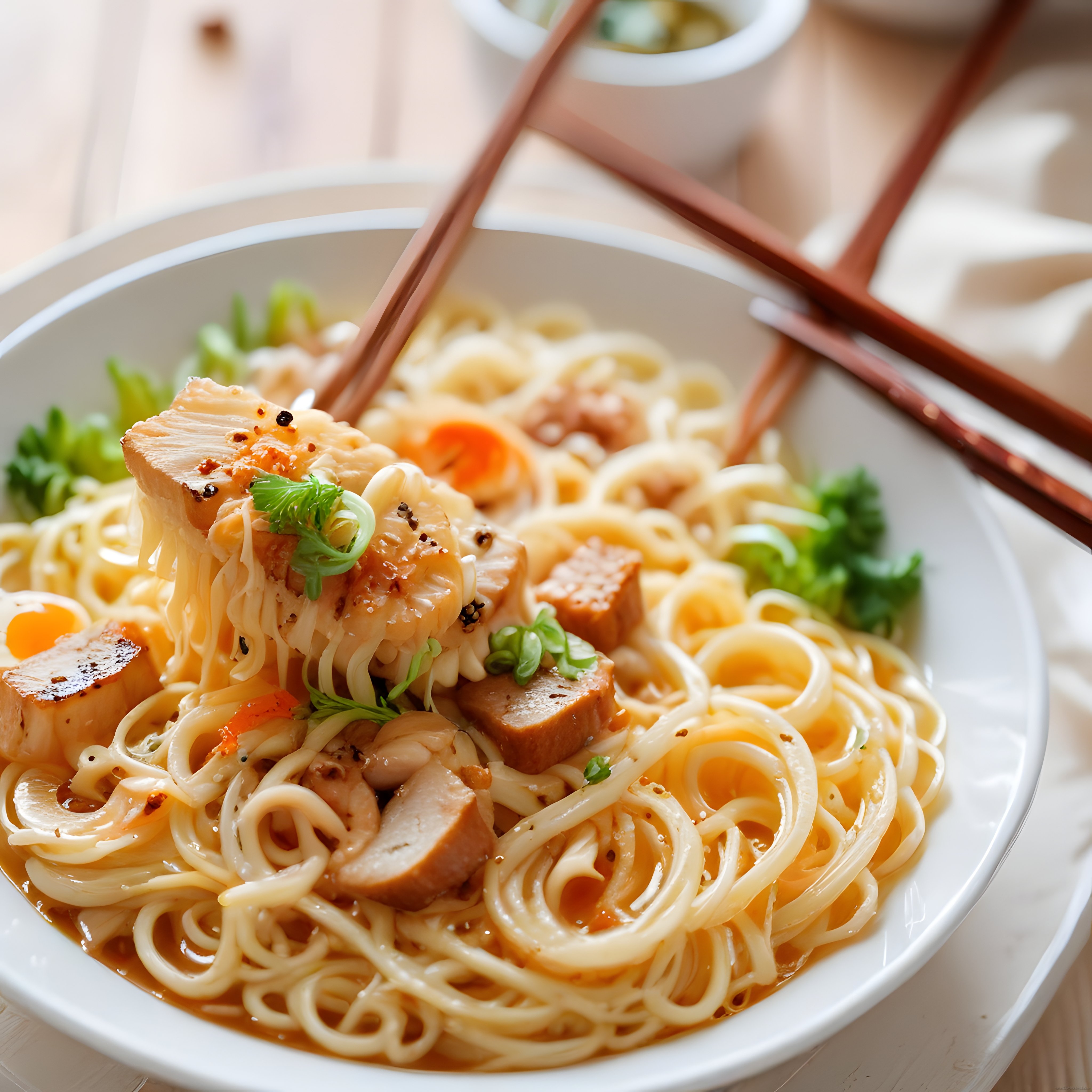 Ahşap Masada Noodle Keyfi: Tavuklu Ramen ve Yarı Haşlanmış Yumurta