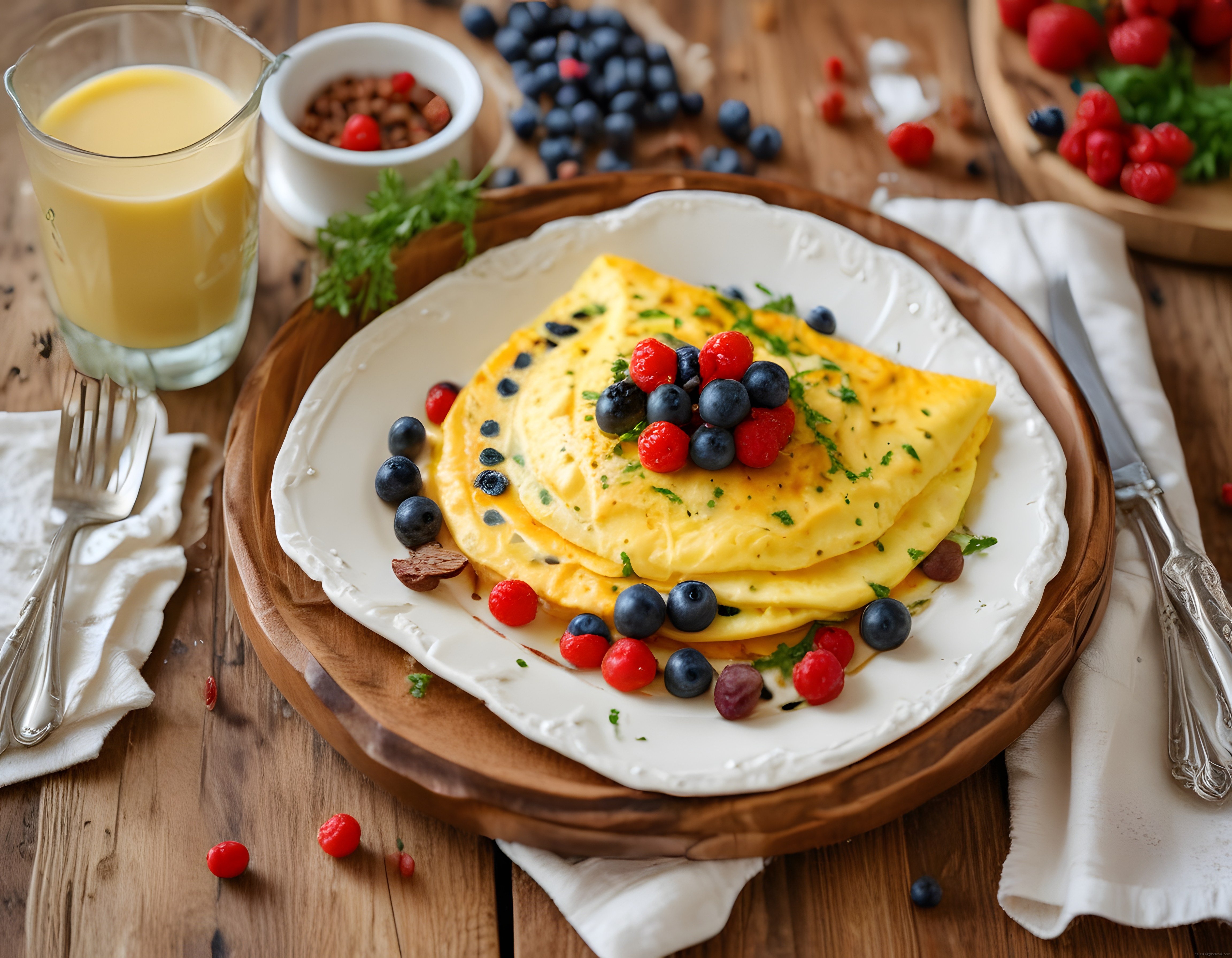 Ahşap masada orman meyveli omlet ve portakal suyuyla kahvaltı keyfi