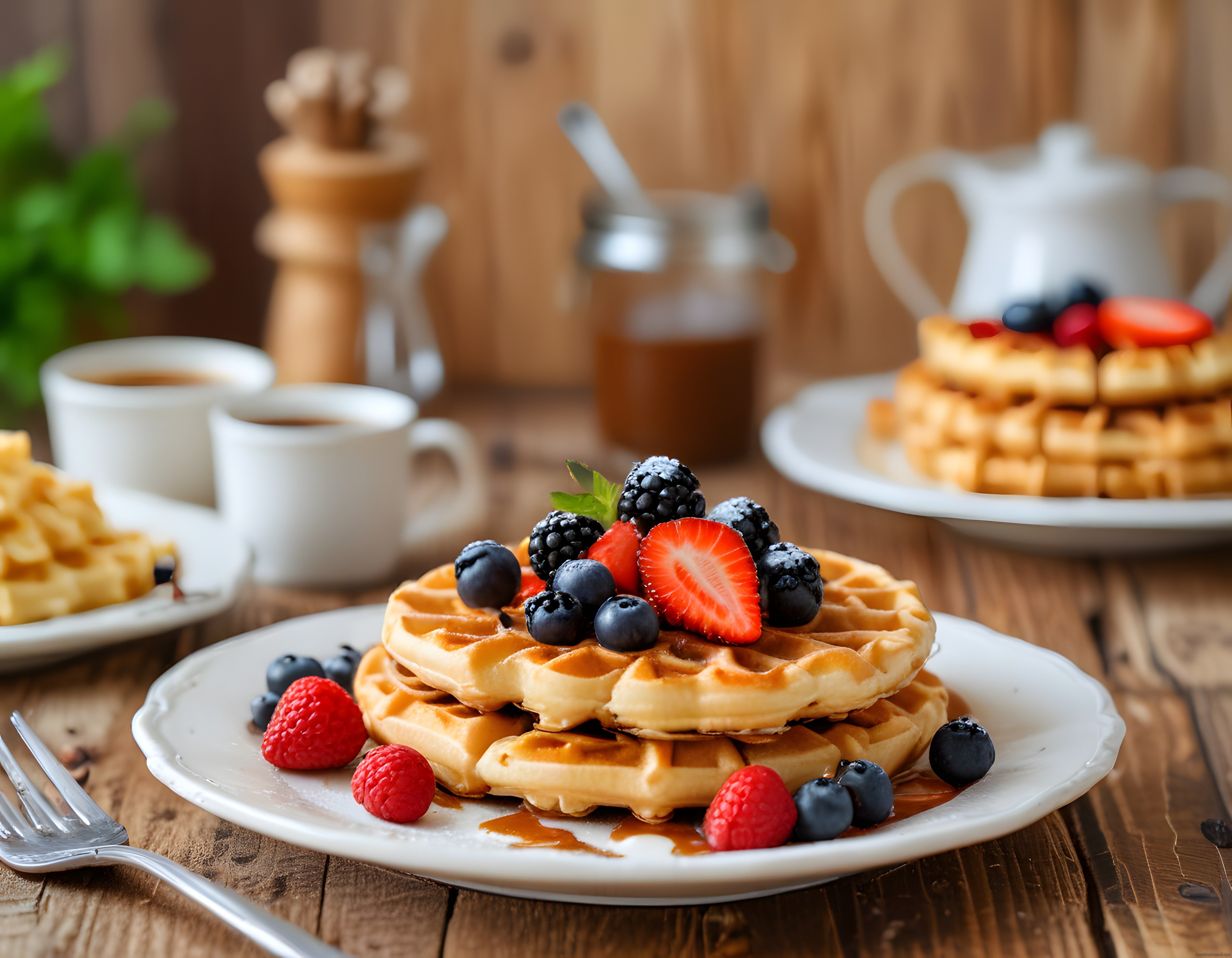 Ahşap Masada Orman Meyveli ve Şerbetli Sıcak Waffle Kahvaltı Sunumu