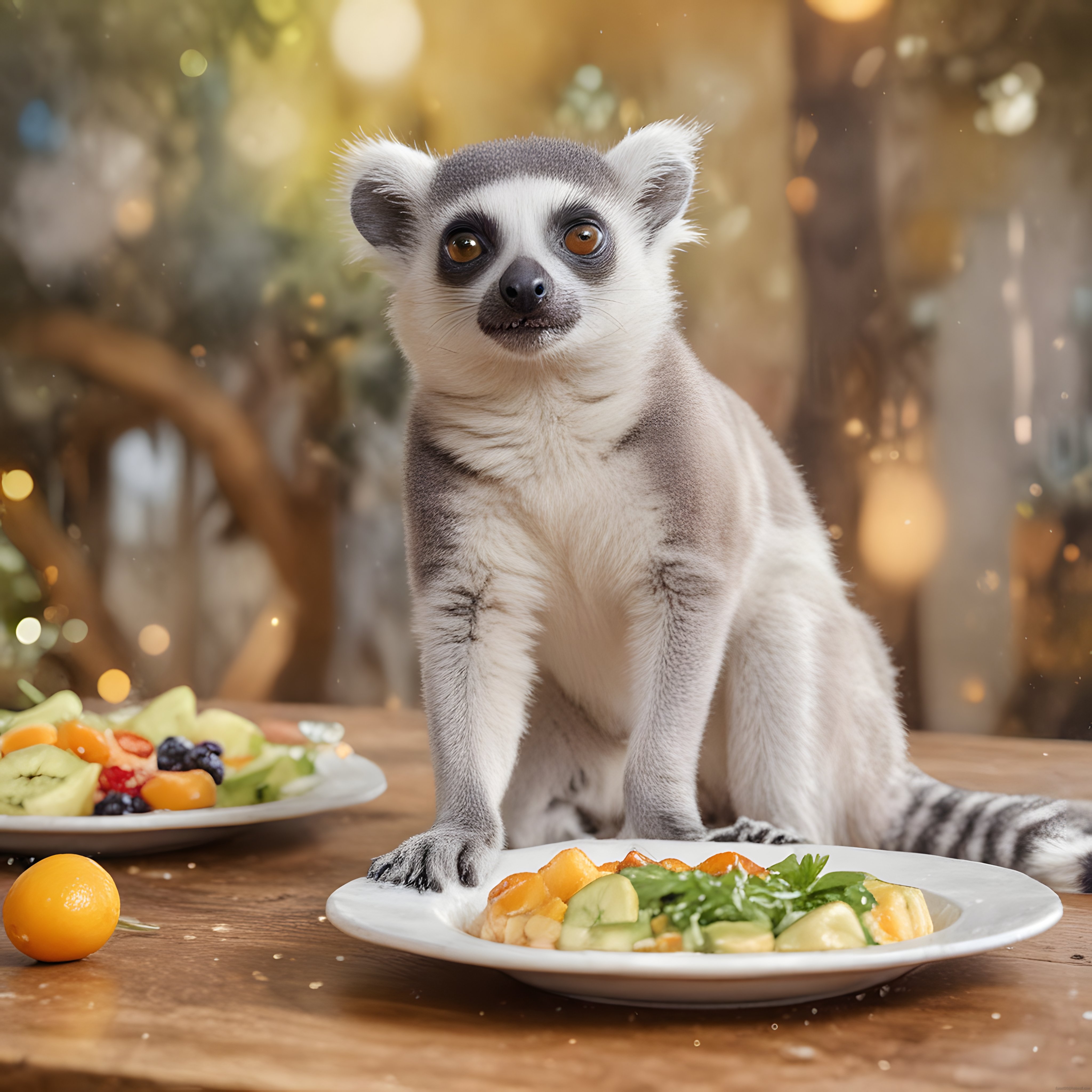 Ahşap Masada Oturan Sevimli Lemur ve Önündeki Taze Meyve Tabağı