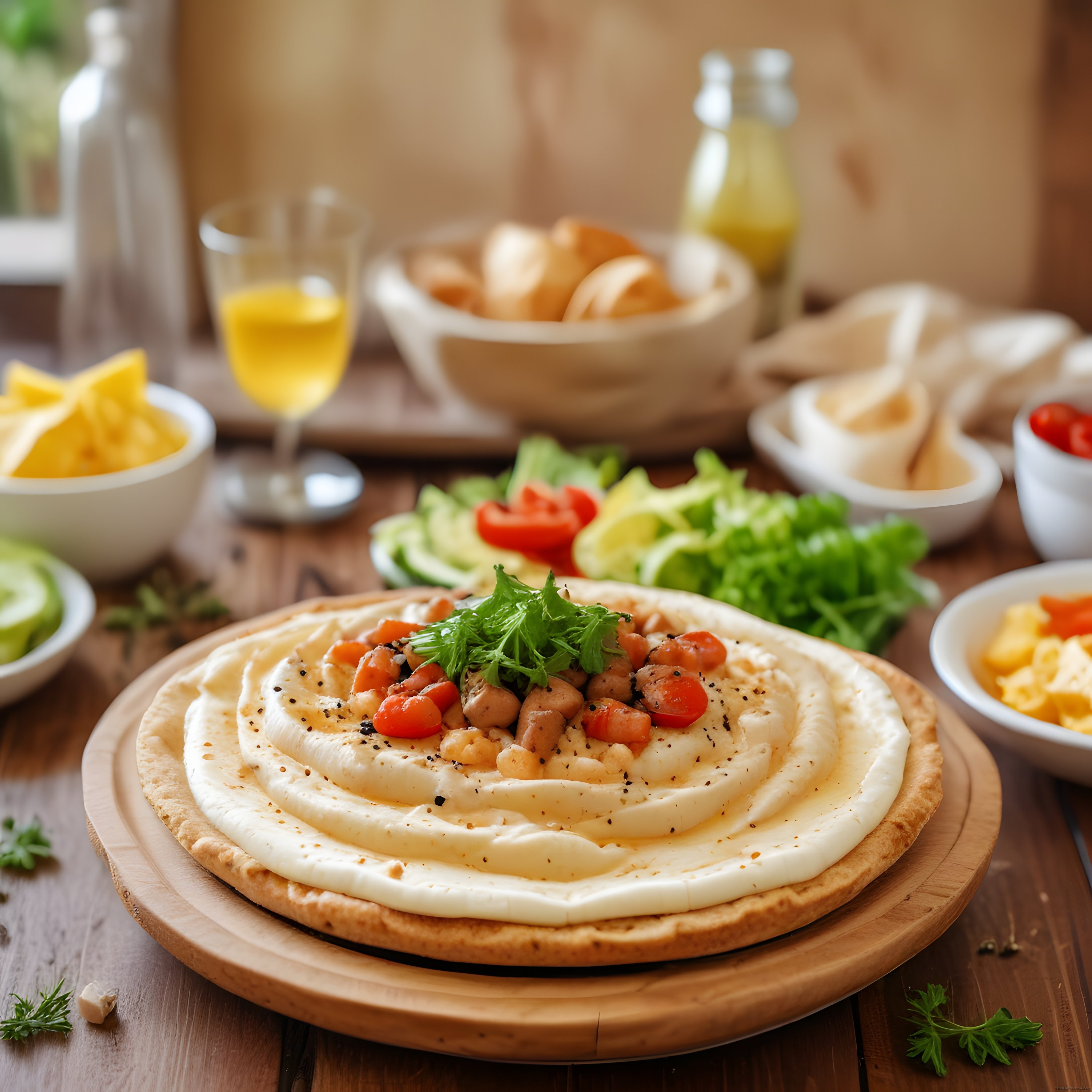 Ahşap masada özenle hazırlanmış zeytinyağlı humus ve renkli akdeniz mezeleri