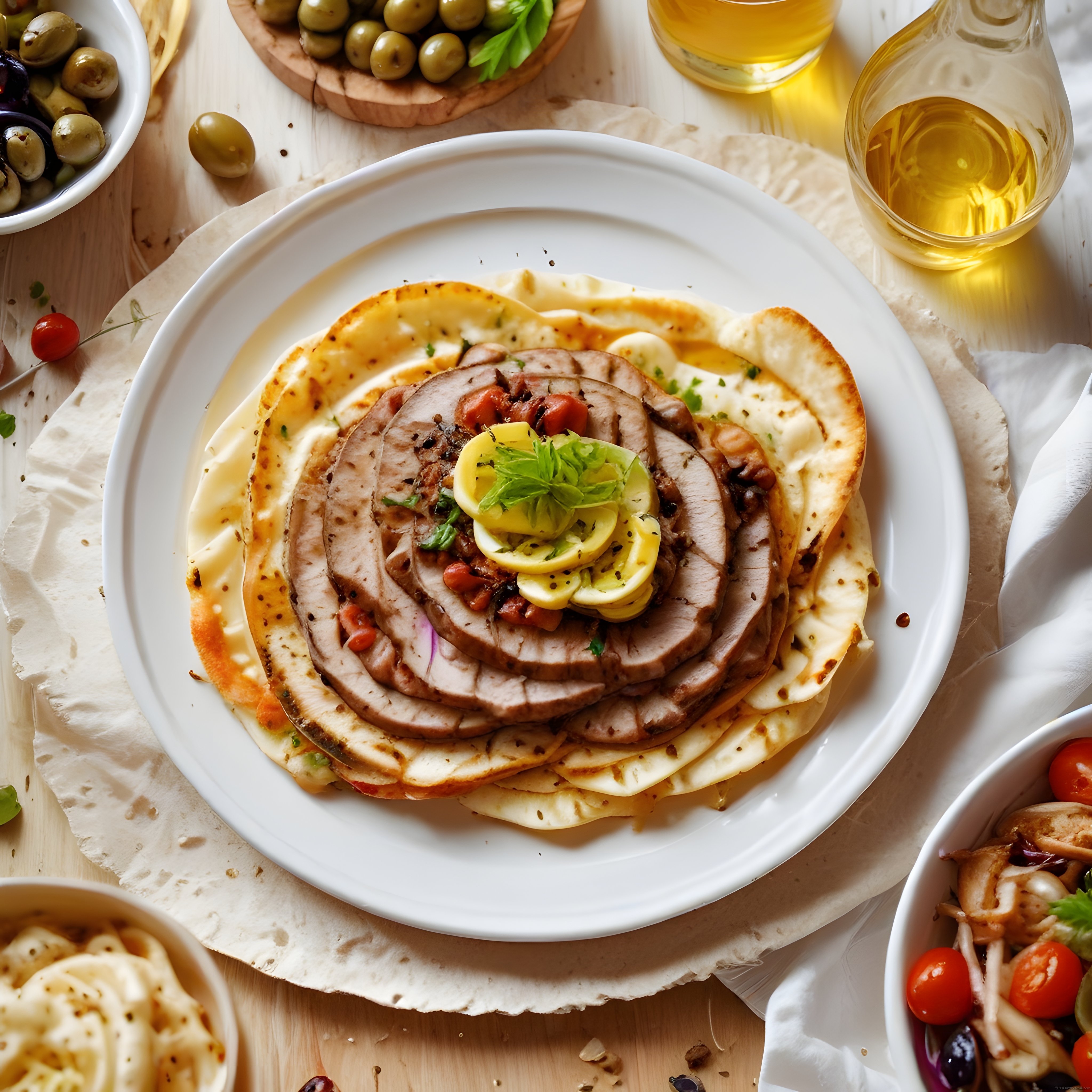 Ahşap Masada Özenle Sunulmuş Izgara Biftekli Lavaş Tabak ve Mezeler
