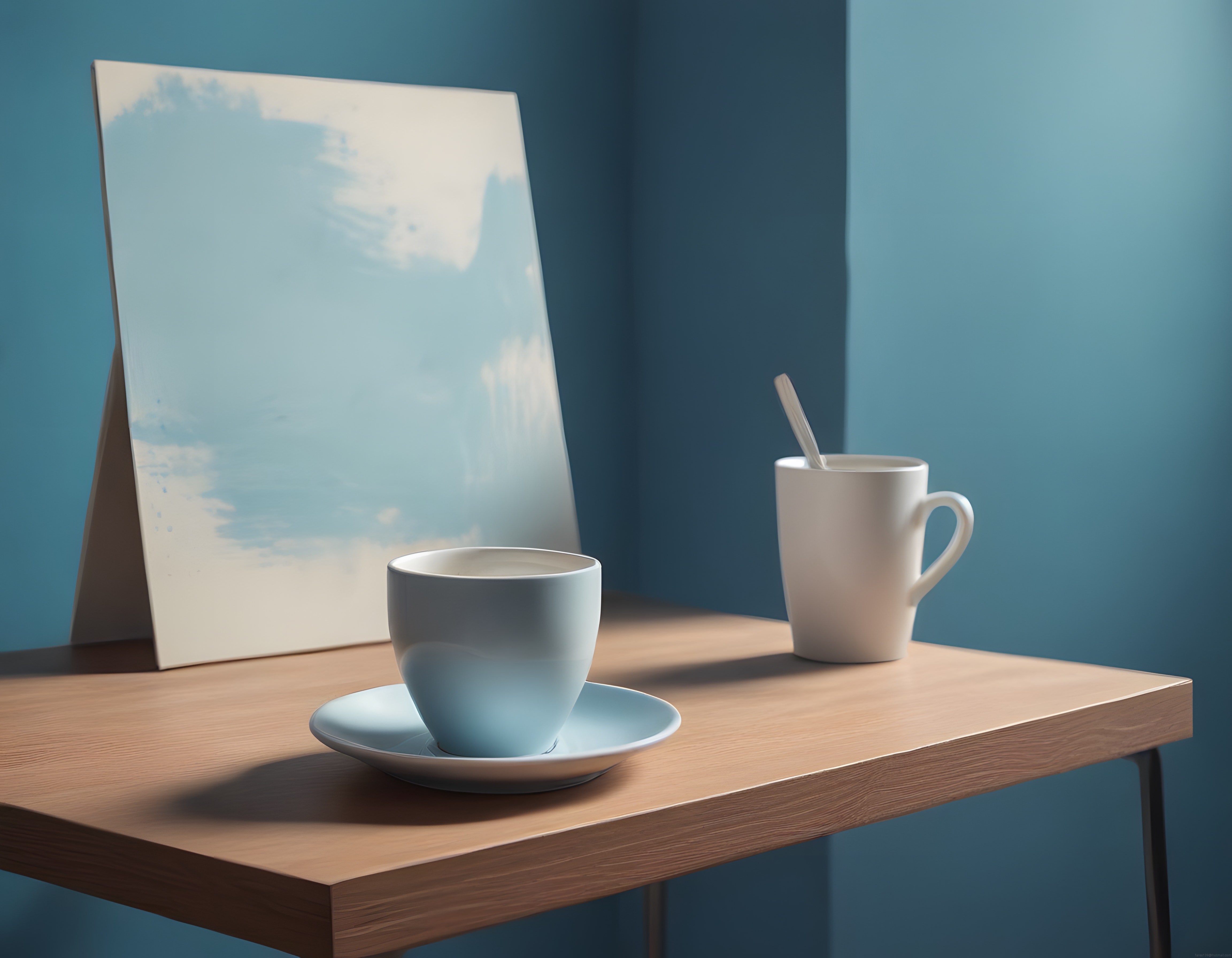 Ahşap Masada Pastel Mavi Duvar Önünde Minimalist Kahve Köşesi Düzeni