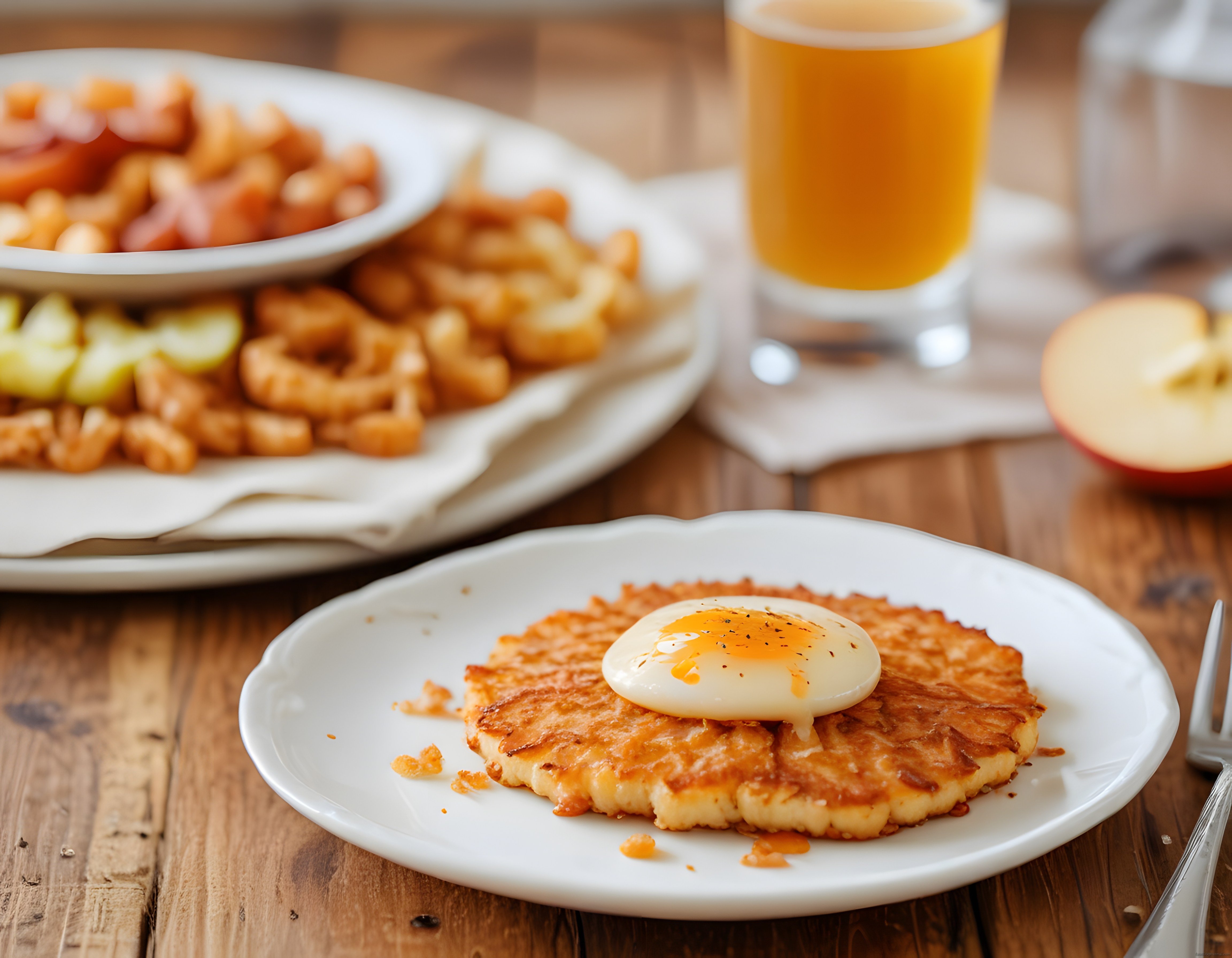 Ahşap Masada Patates Hash Brown ve Poşe Yumurtalı Kahvaltı Sunumu