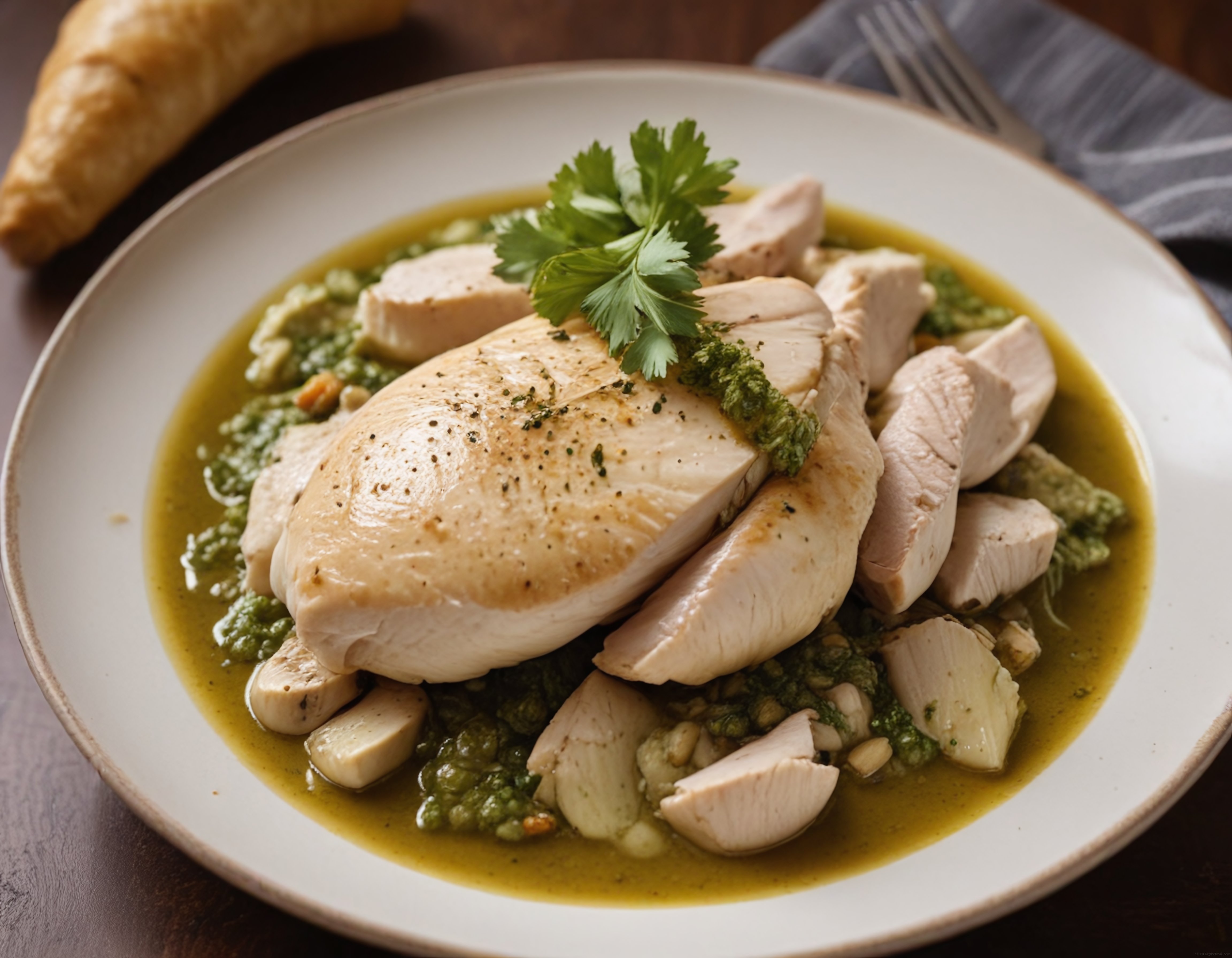 Ahşap Masada Pesto Soslu Tavuk Göğsü ve Taze Yeşilliklerle Şık Sunum