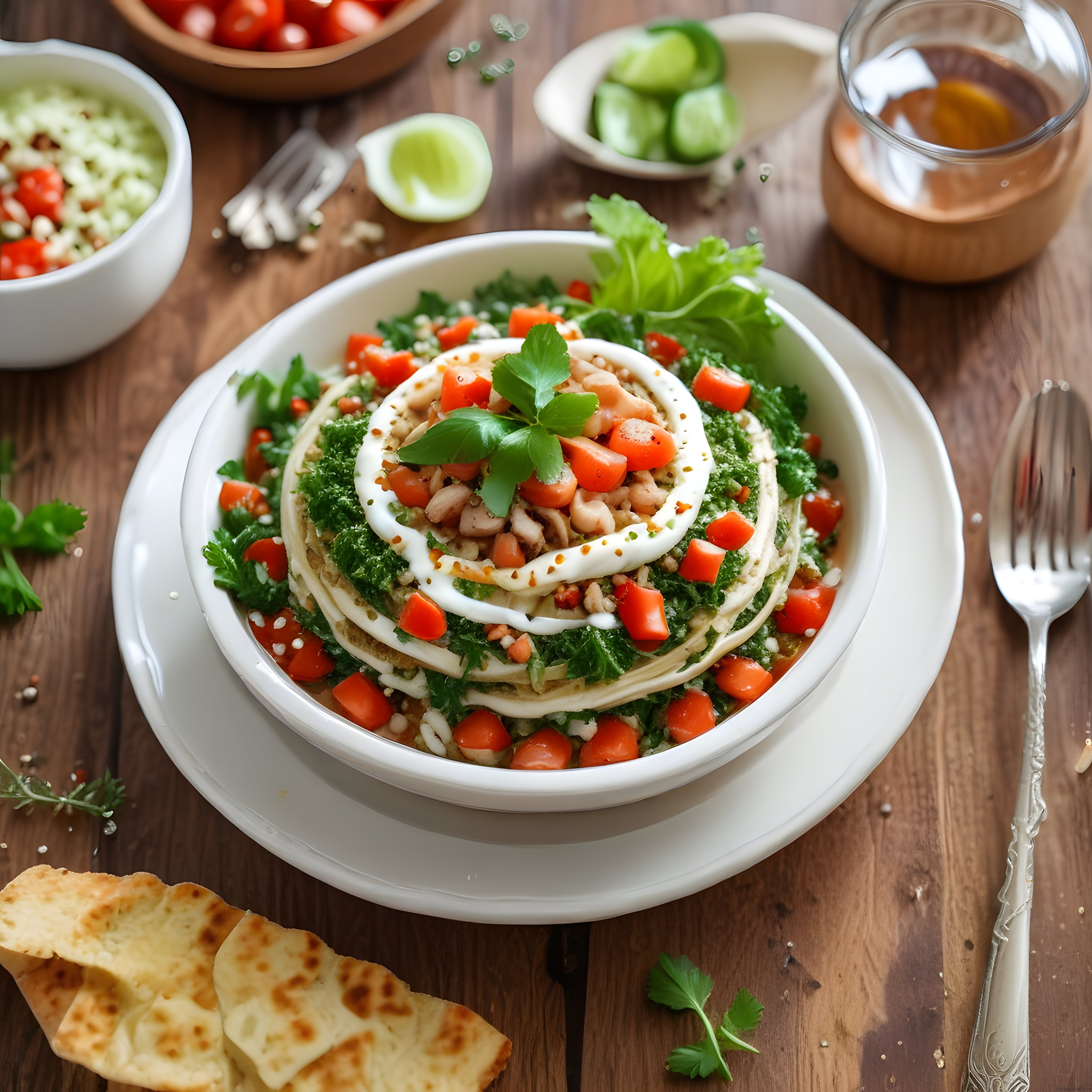 Ahşap Masada Pesto Soslu Tavuklu Kat Kat Salata Kasesi ve Yan Lezzetler