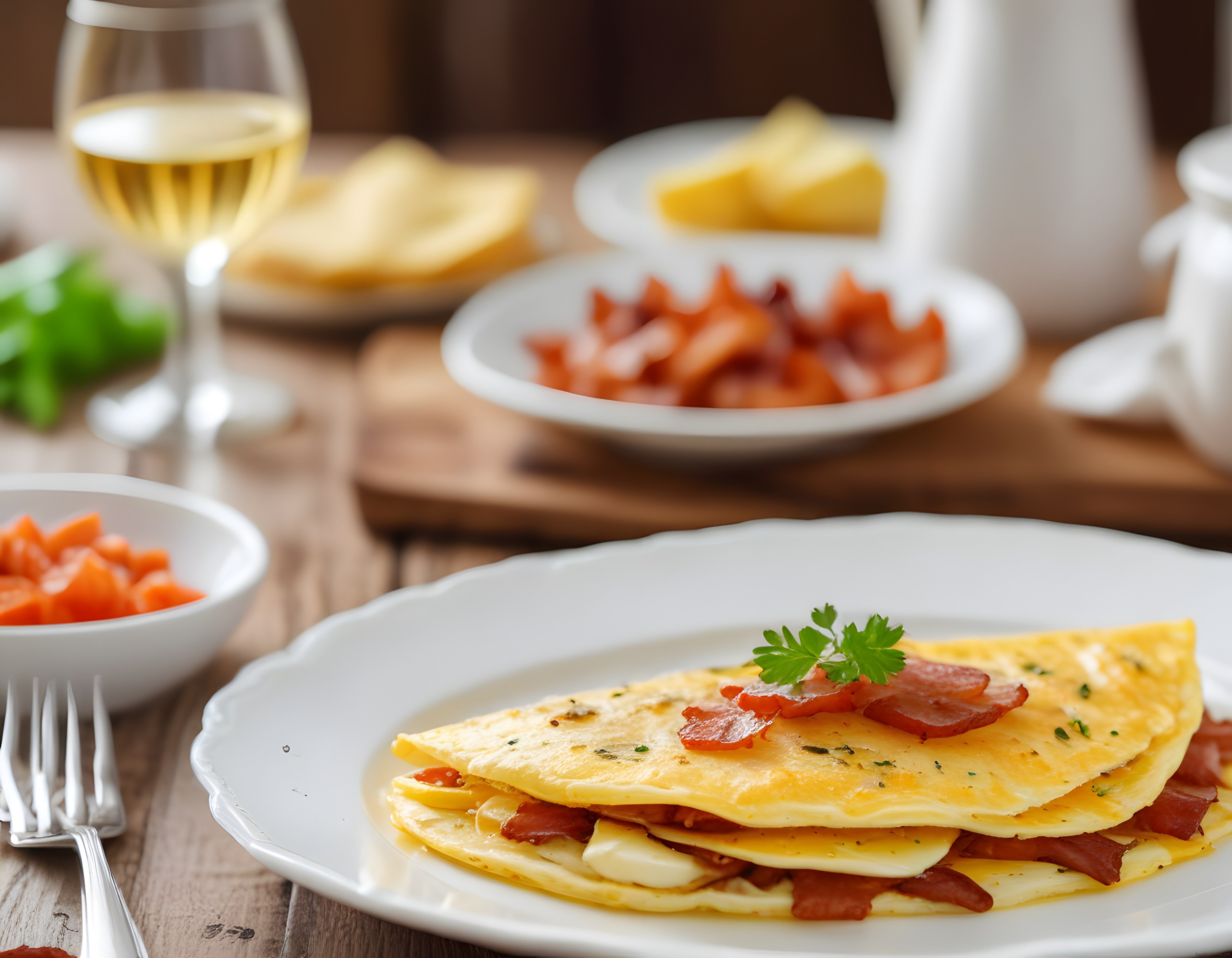 Ahşap masada peynir ve bacon dolgulu taze omlet ile keyifli kahvaltı sofrası
