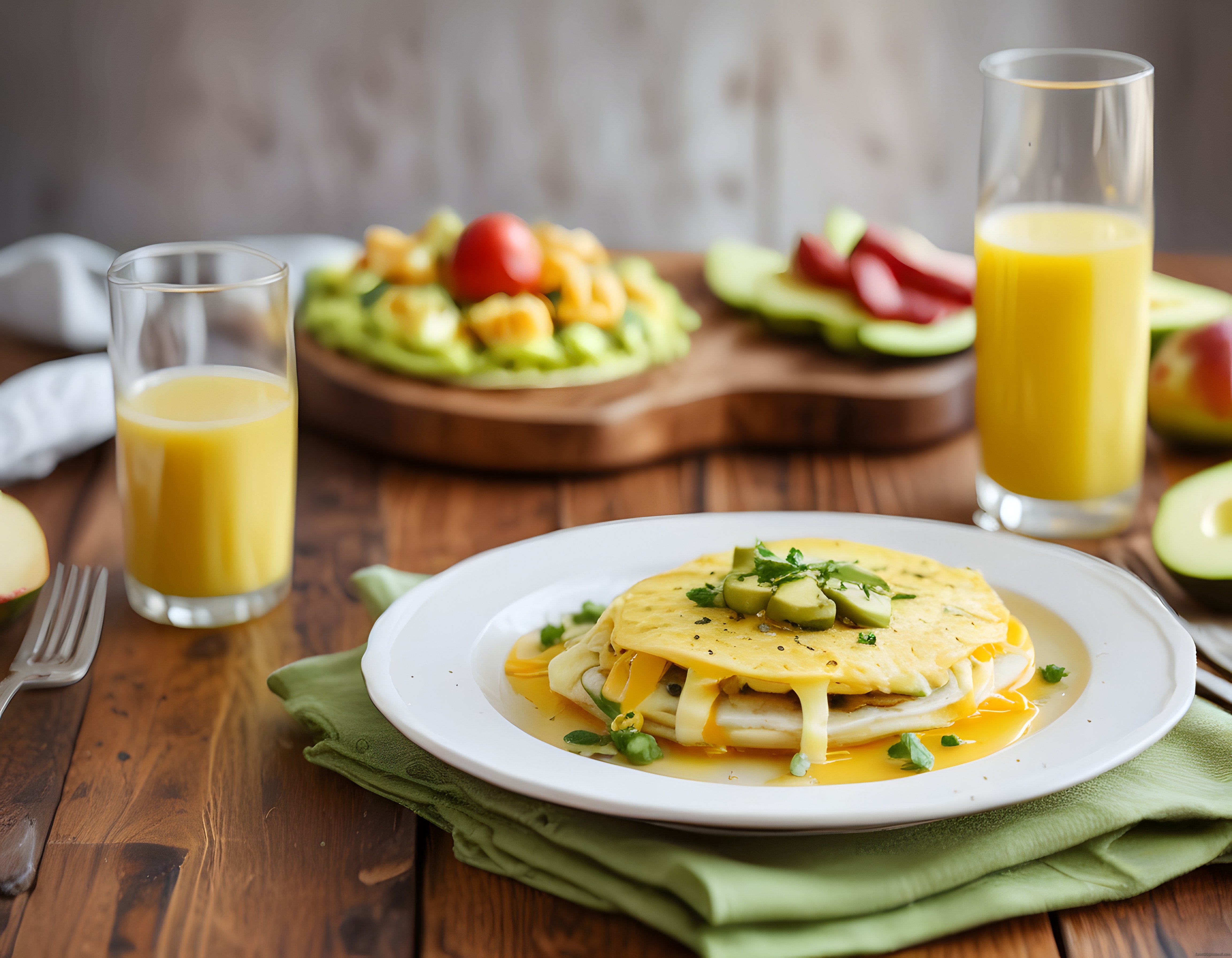 Ahşap Masada Peynirli Omlet ve Taze Meyveli Zahmetsiz Kahvaltı