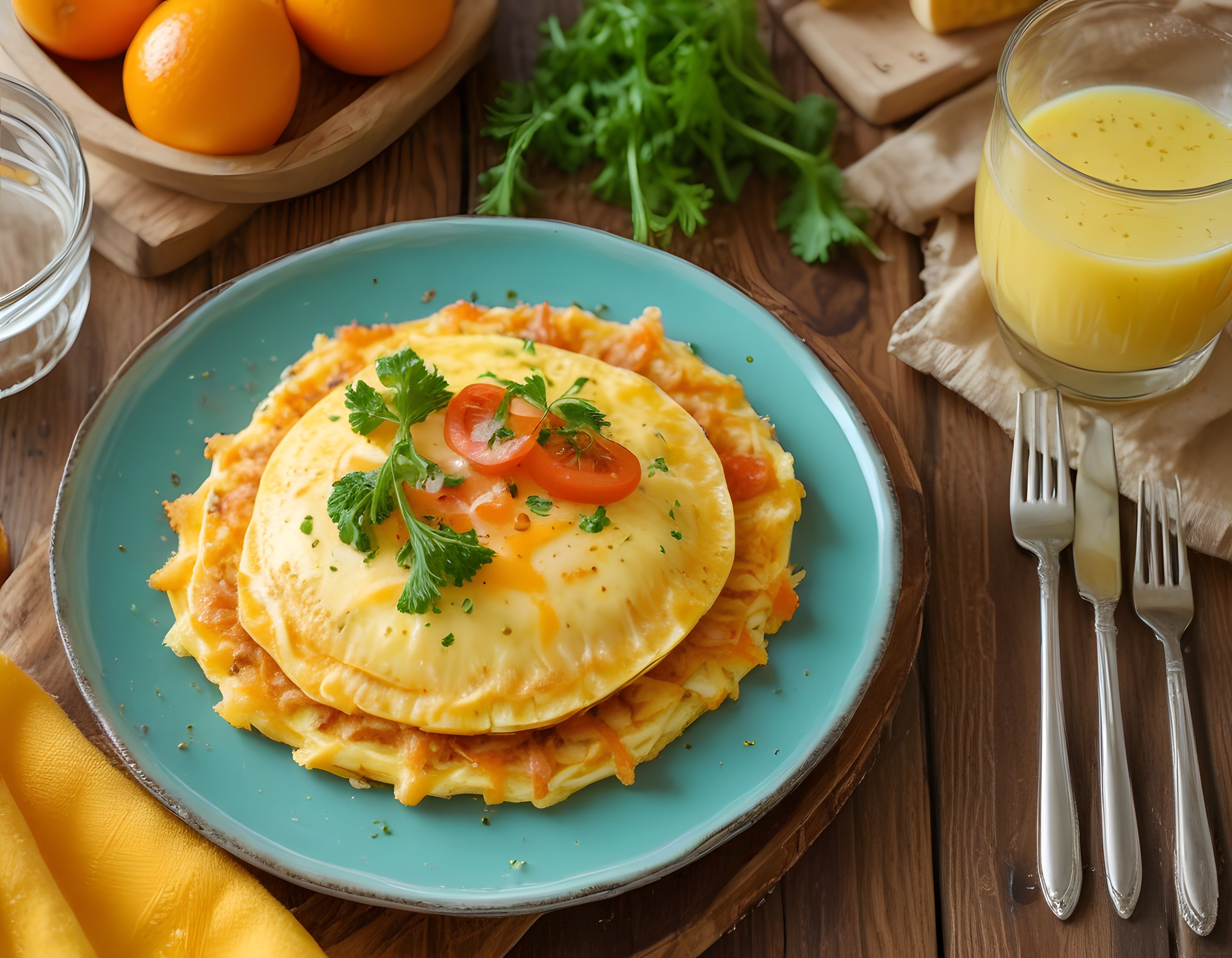 Ahşap Masada Peynirli Omlet ve Taze Portakal Suyu ile Kahvaltı Keyfi