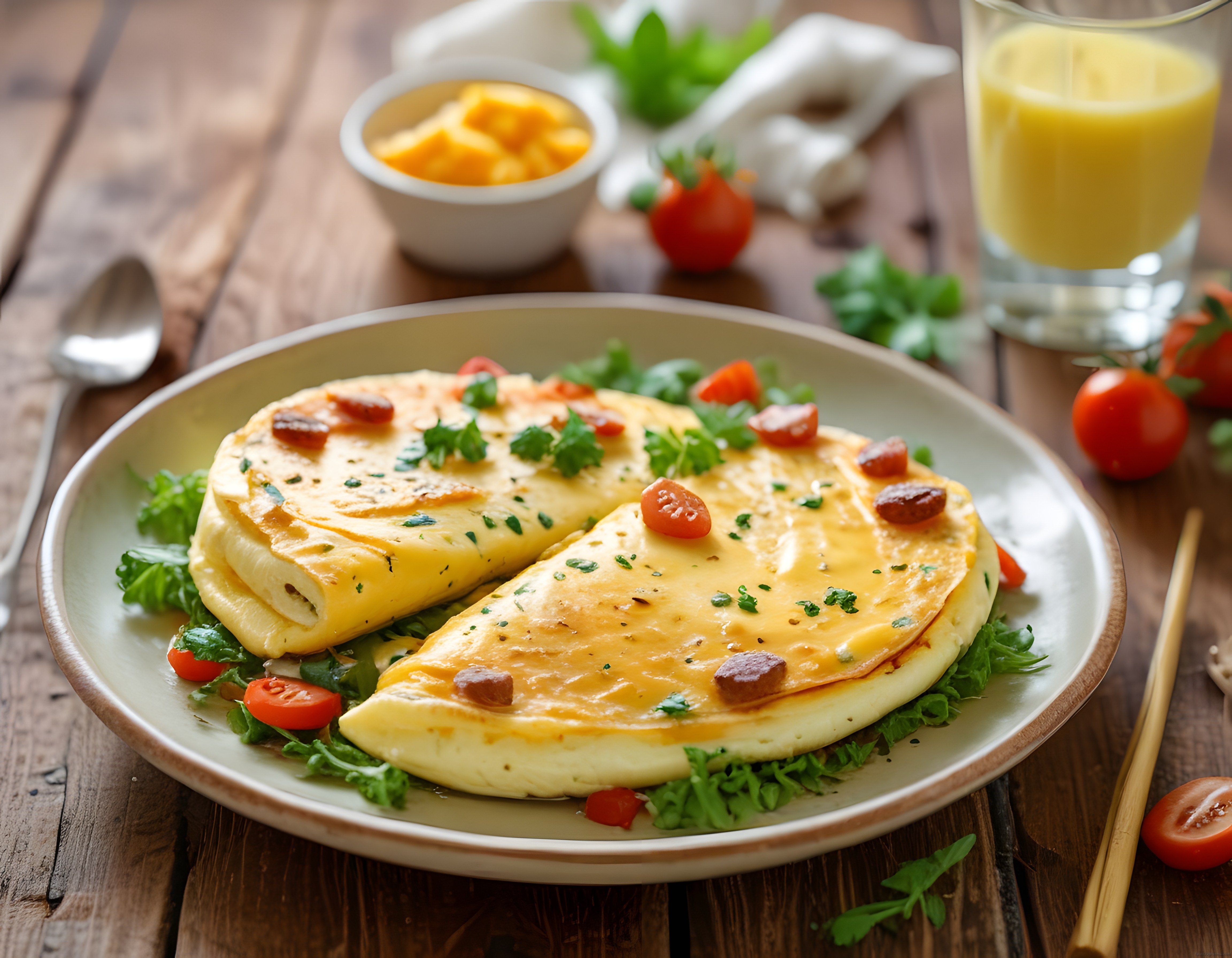 Ahşap Masada Peynirli Omlet ve Taze Sıkma Portakal Suyu ile Kahvaltı Keyfi