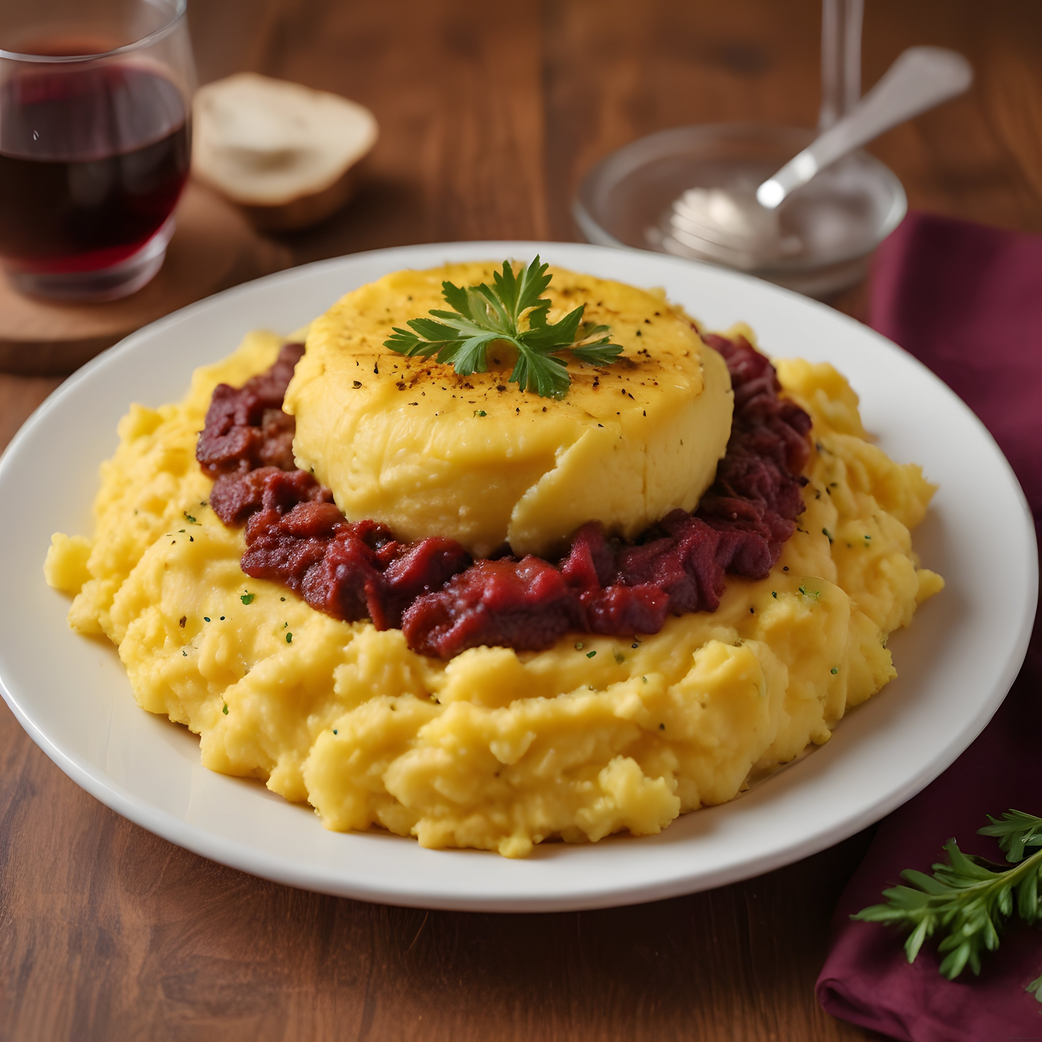 Ahşap Masada Polenta ve Et Sosu ile Şarap Eşliğinde Akşam Yemeği