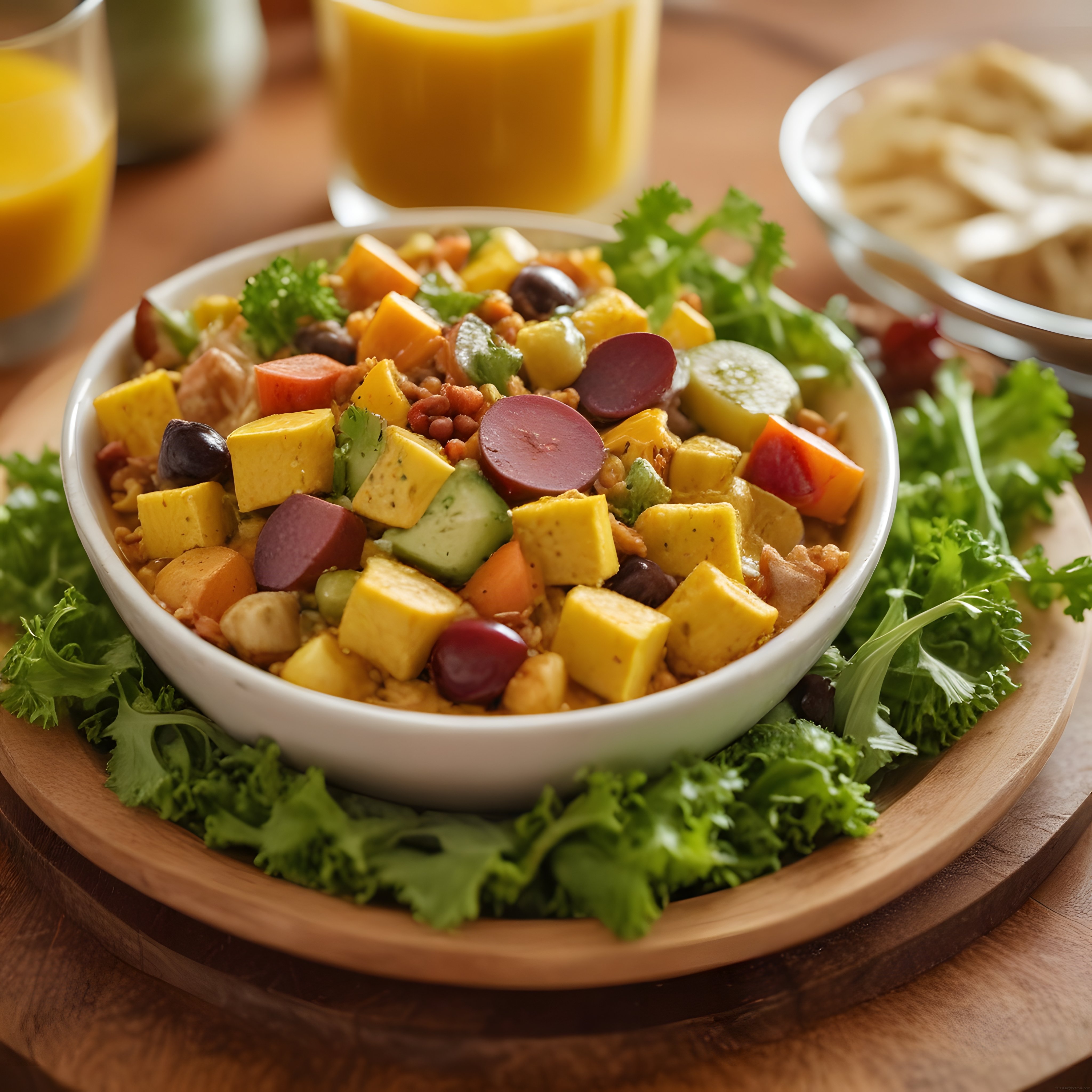 Ahşap Masada Portakal Suyu Eşliğinde Kahvaltılık Salata Kasesi