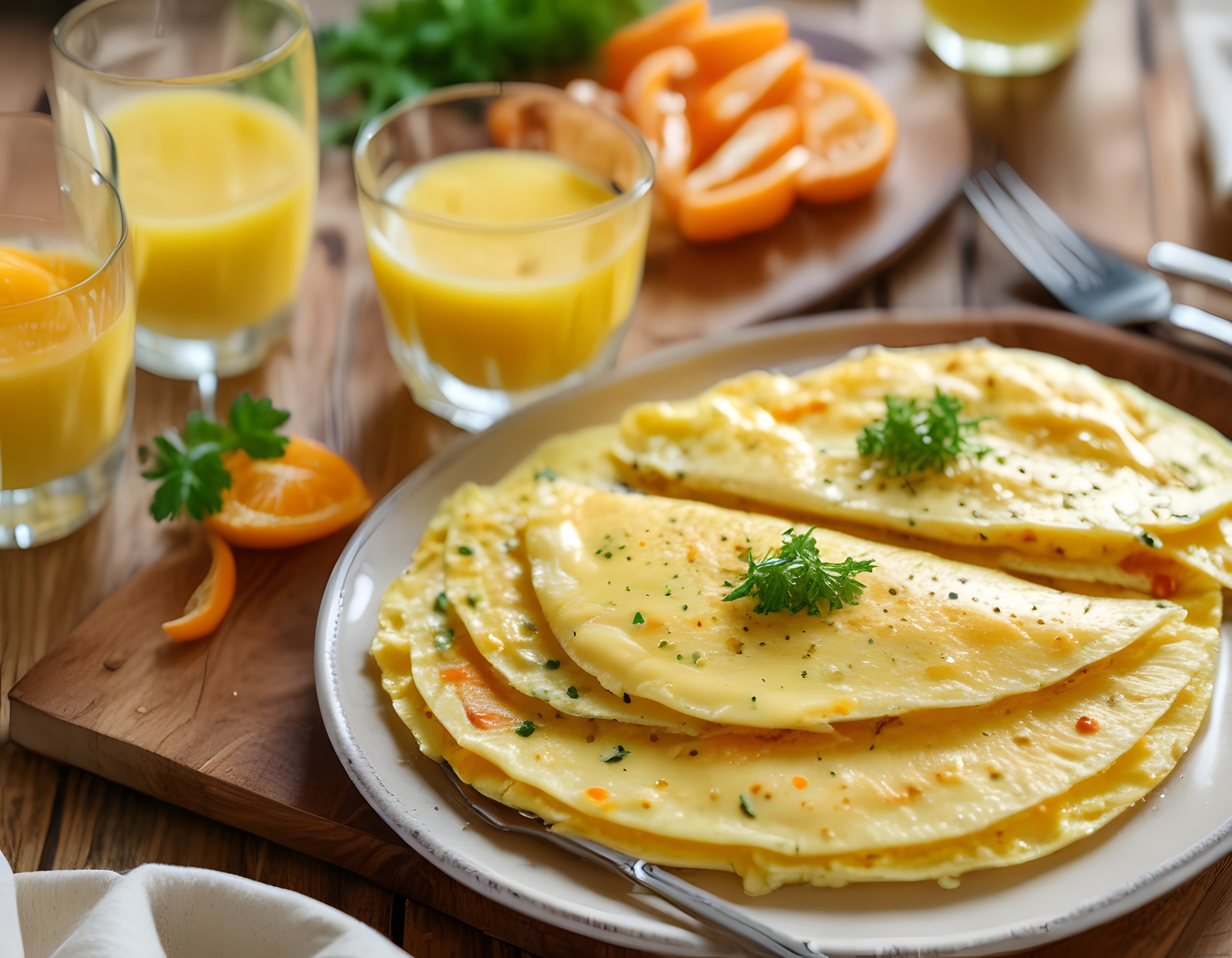 Ahşap Masada Portakal Suyu Eşliğinde Klasik Peynirli Omlet Kahvaltısı