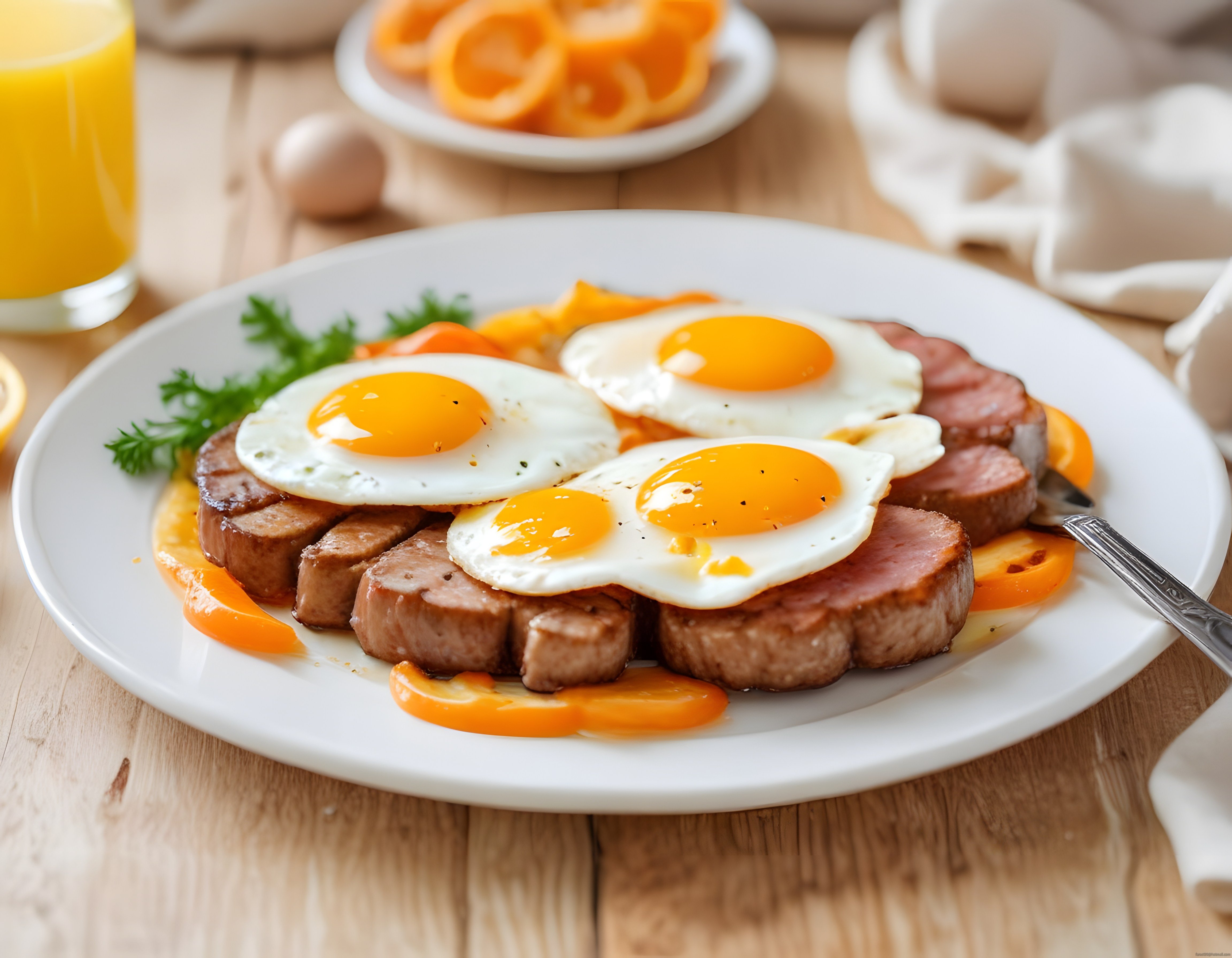 Ahşap Masada Portakal Suyu Eşliğinde Sucuklu Yumurtalı Kahvaltı Tabağı