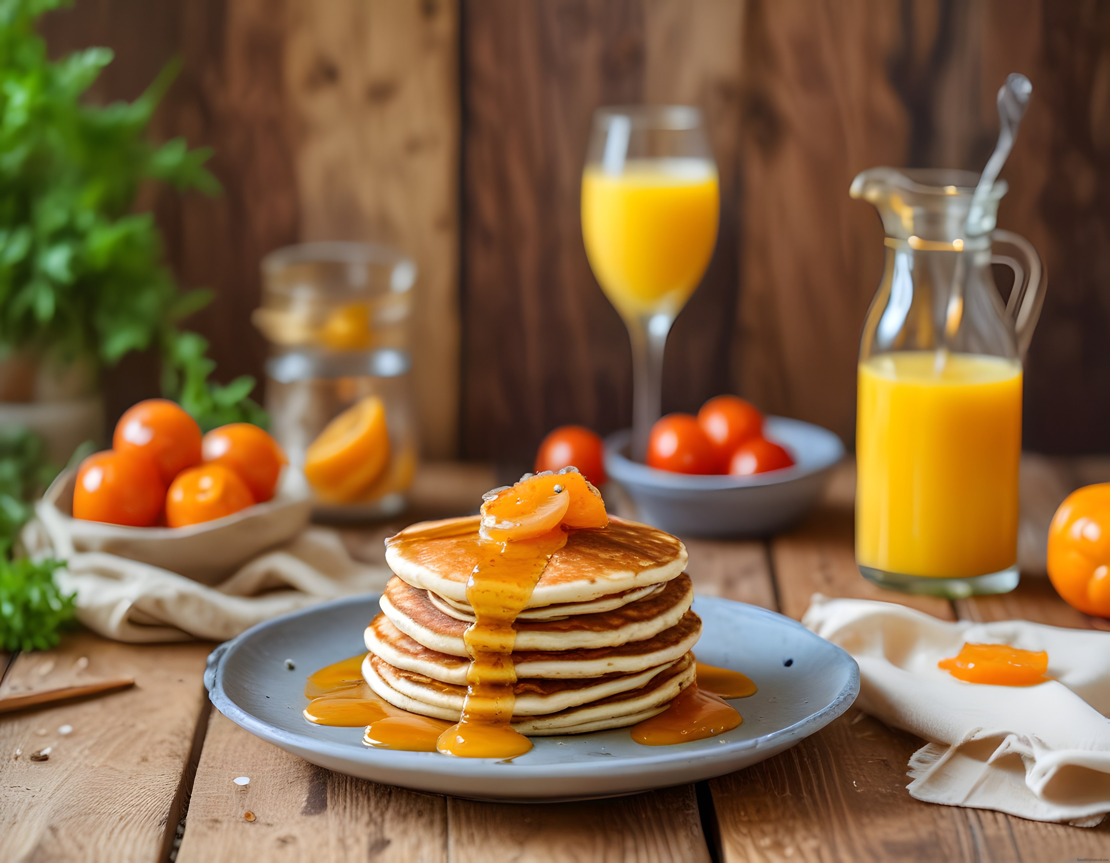 Ahşap masada portakallı ballı pancake yığıntısı ve taze sıkılmış portakal suyu
