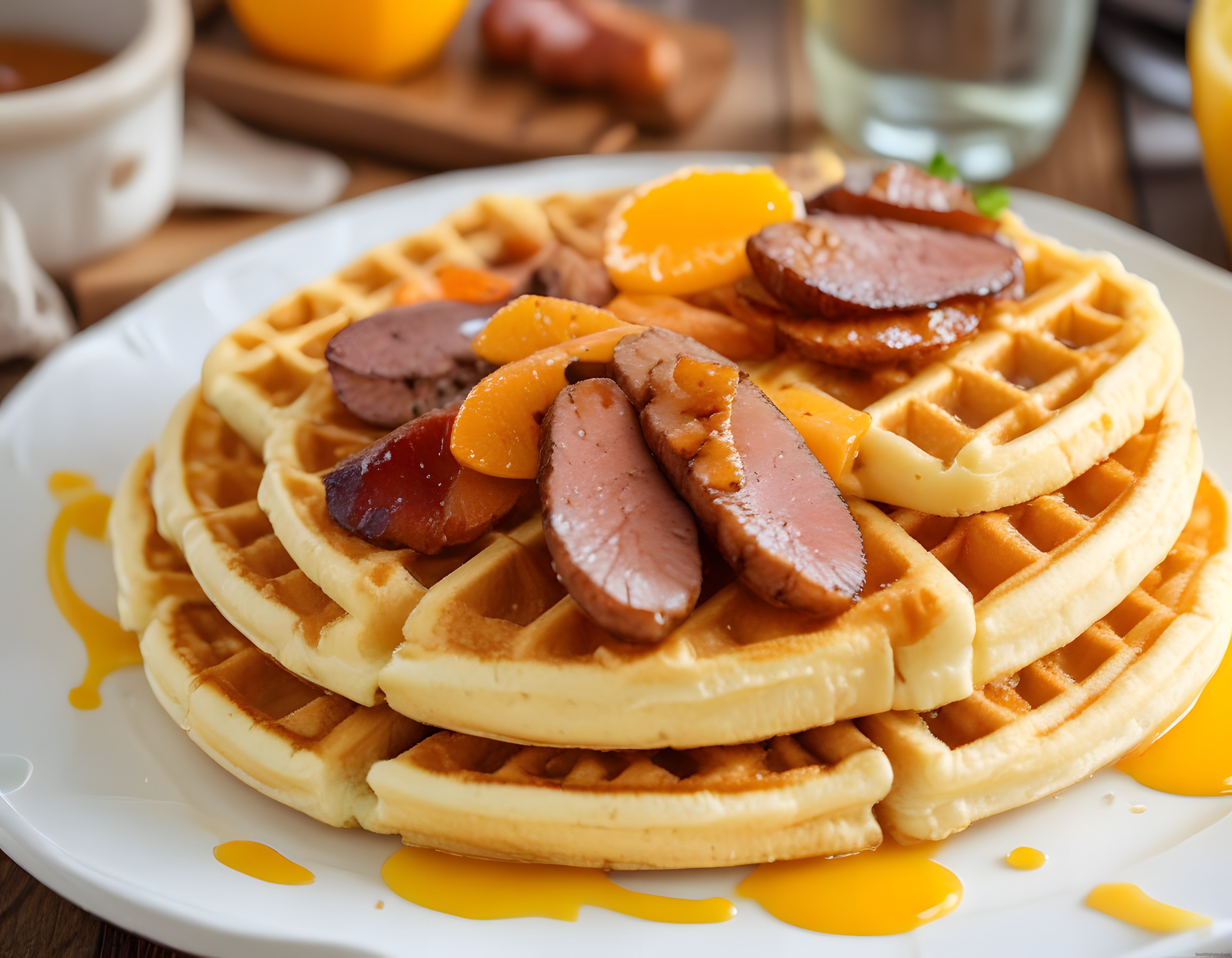 Ahşap Masada Portakallı ve Soslu Ördek Göğüslü Ev Yapımı Waffle Kahvaltı