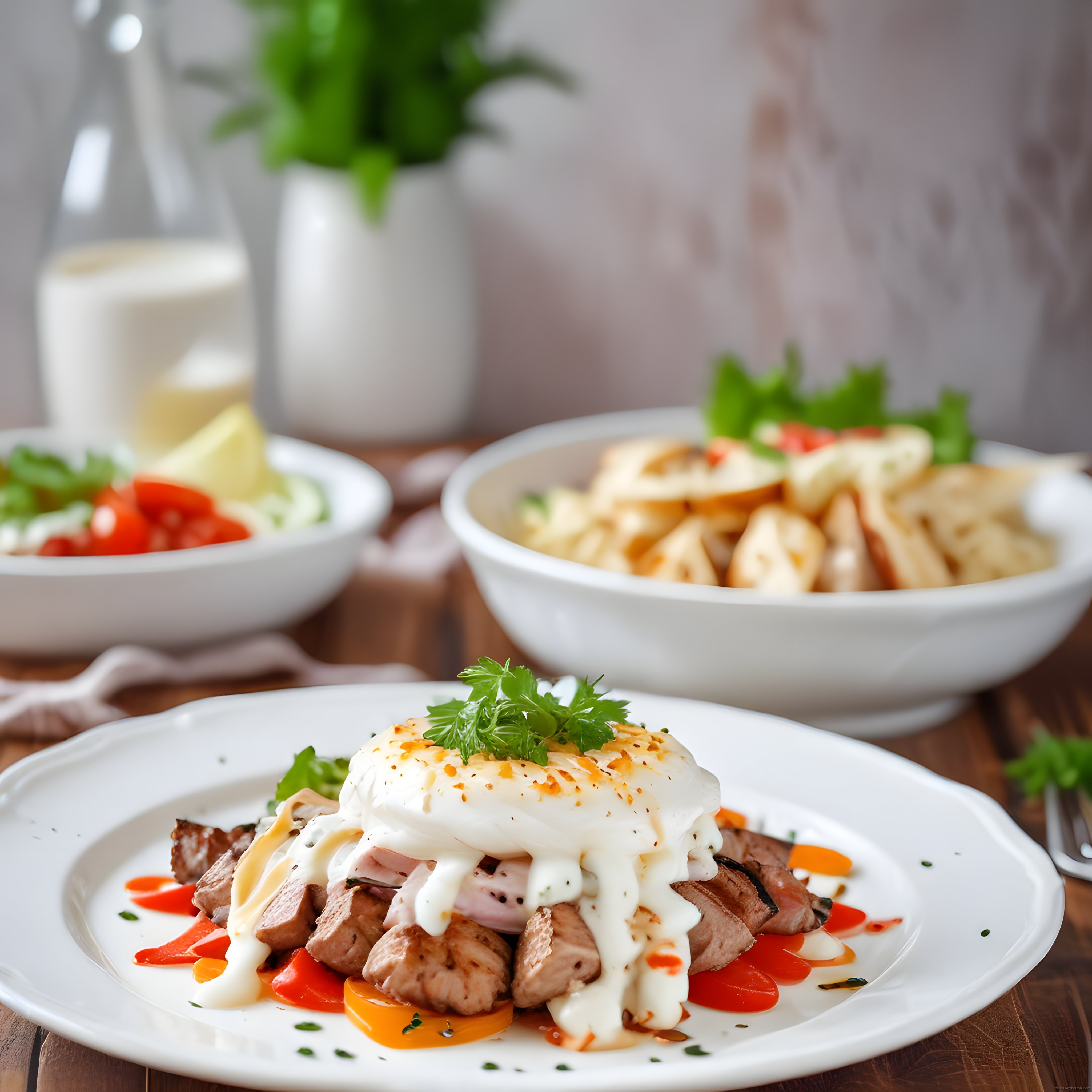 Ahşap Masada Poşe Yumurtalı Biftek Benedict ve Kanepe ile Şık Kahvaltı