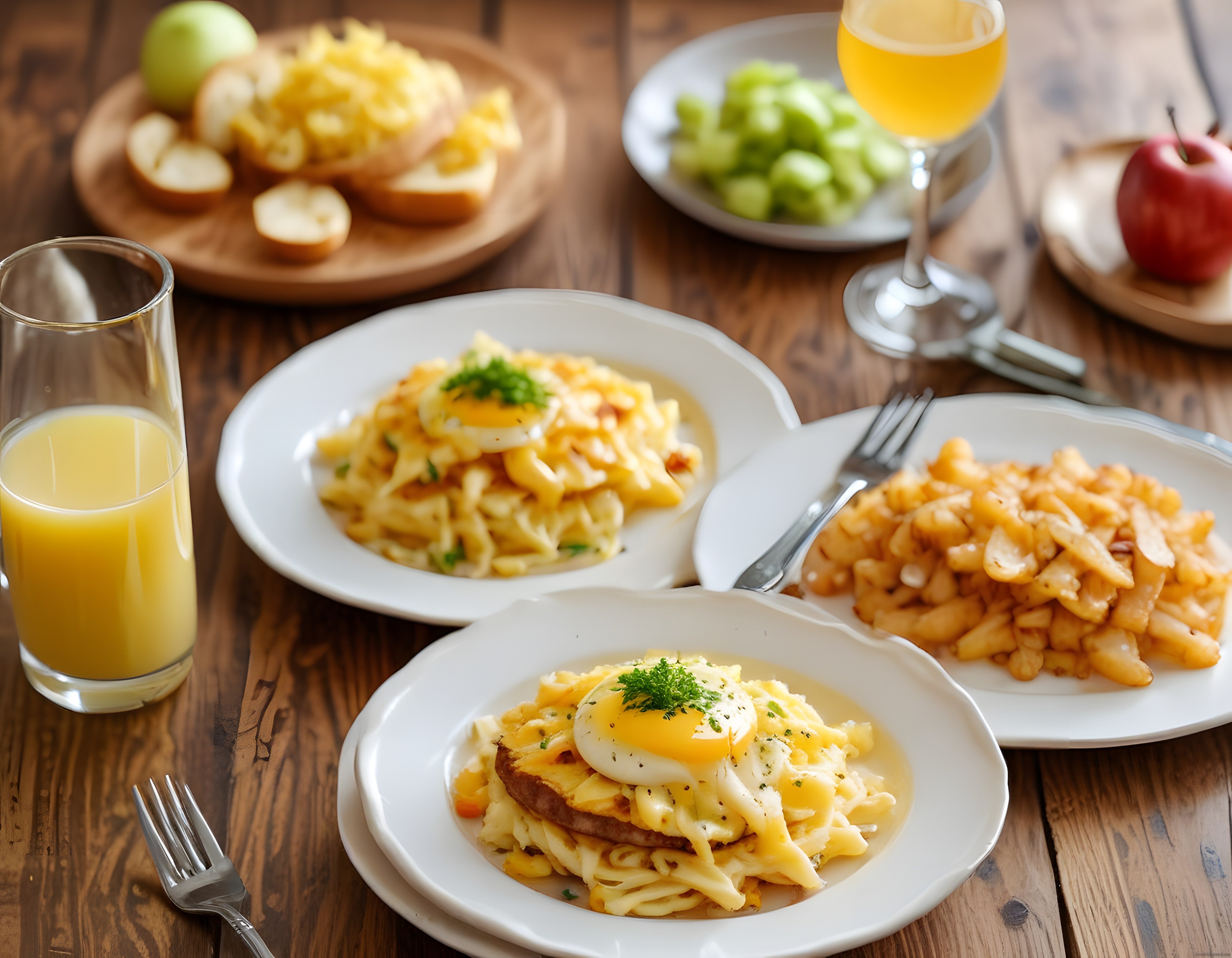 Ahşap Masada Poşe Yumurtalı Kahvaltı ve Taze Meyveli Brunch Menüsü