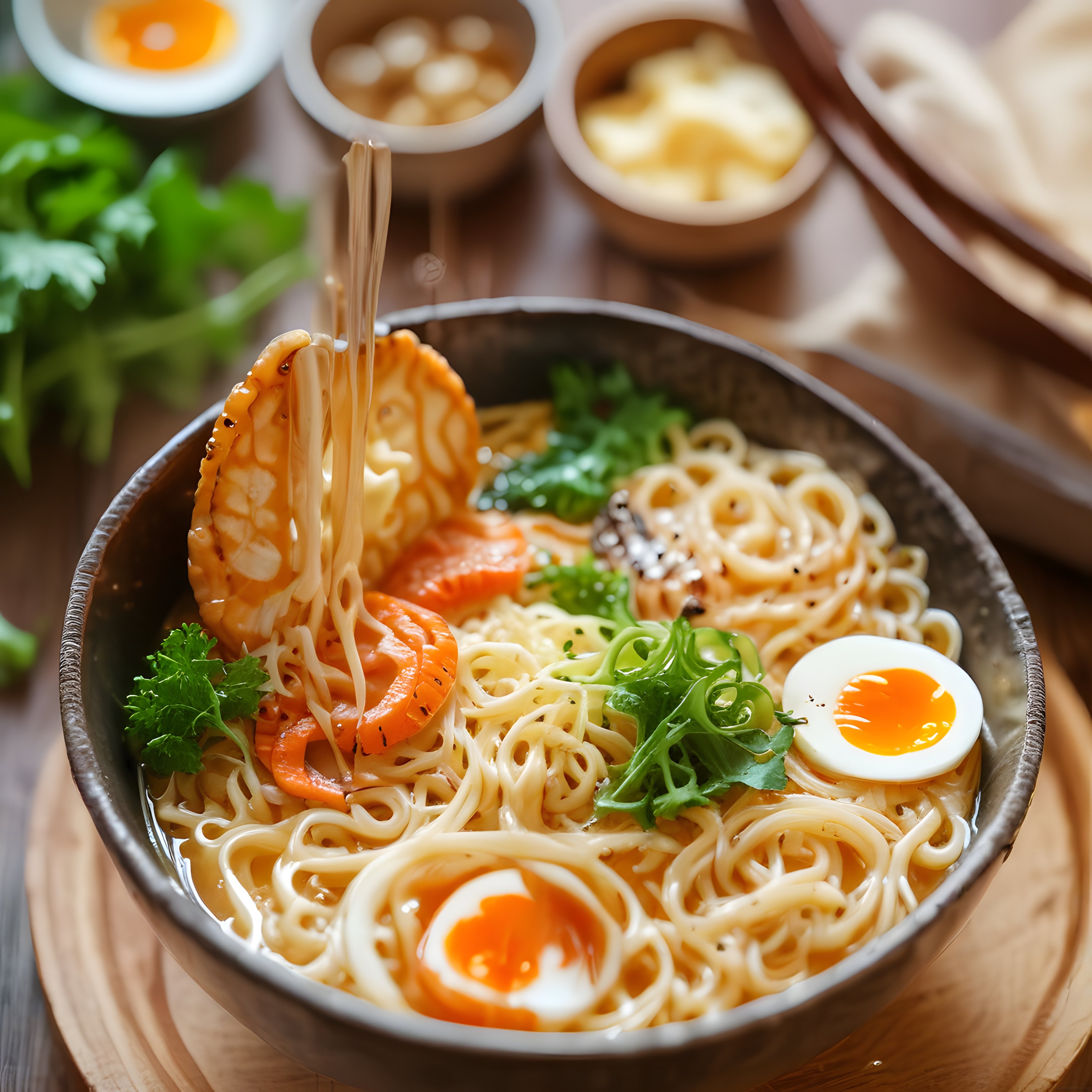 Ahşap Masada Ramen Kasesi: Yumuşak Yumurta, Somon ve Taze Yeşillikler
