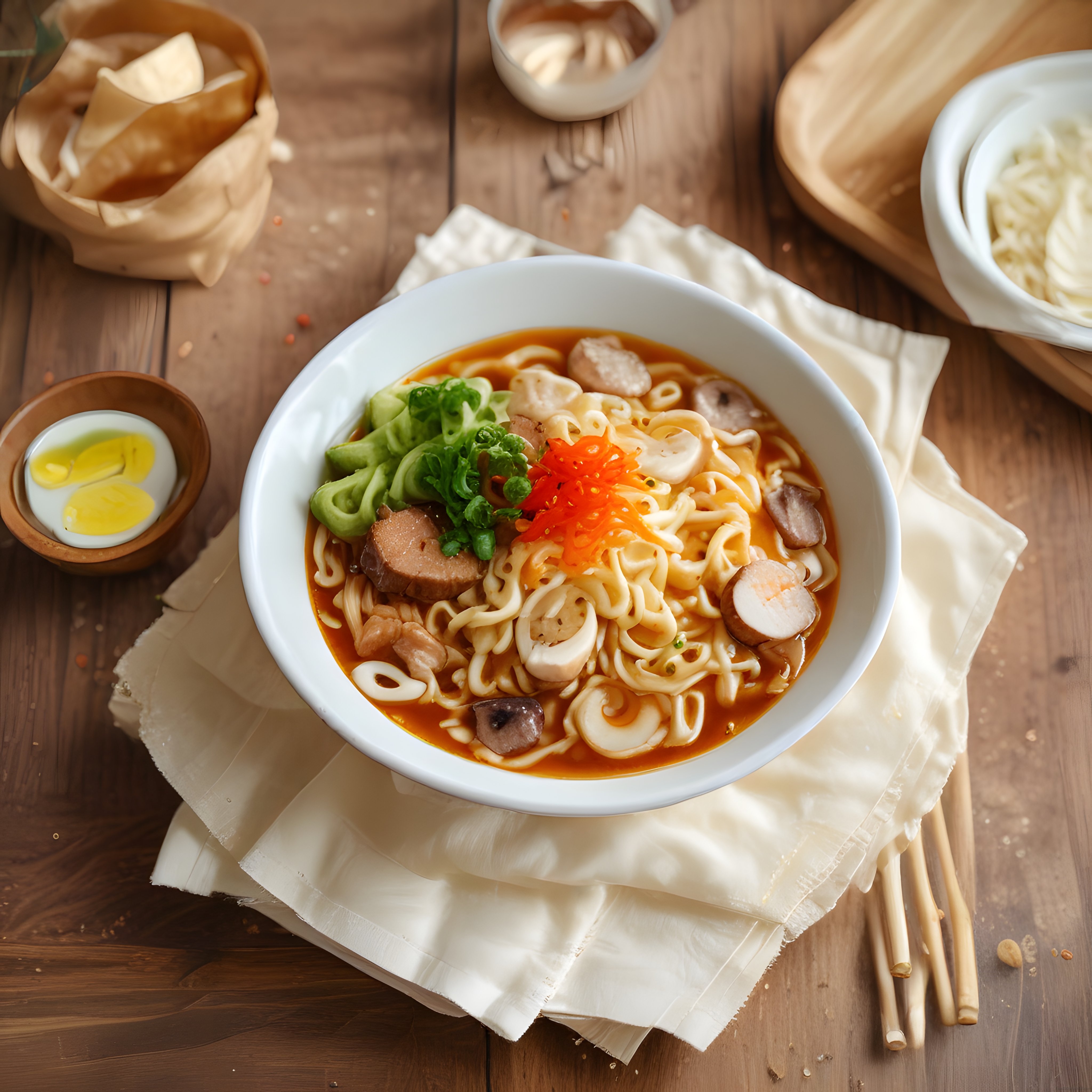 Ahşap masada rengarenk malzemelerle hazırlanan geleneksel ramen sunumu