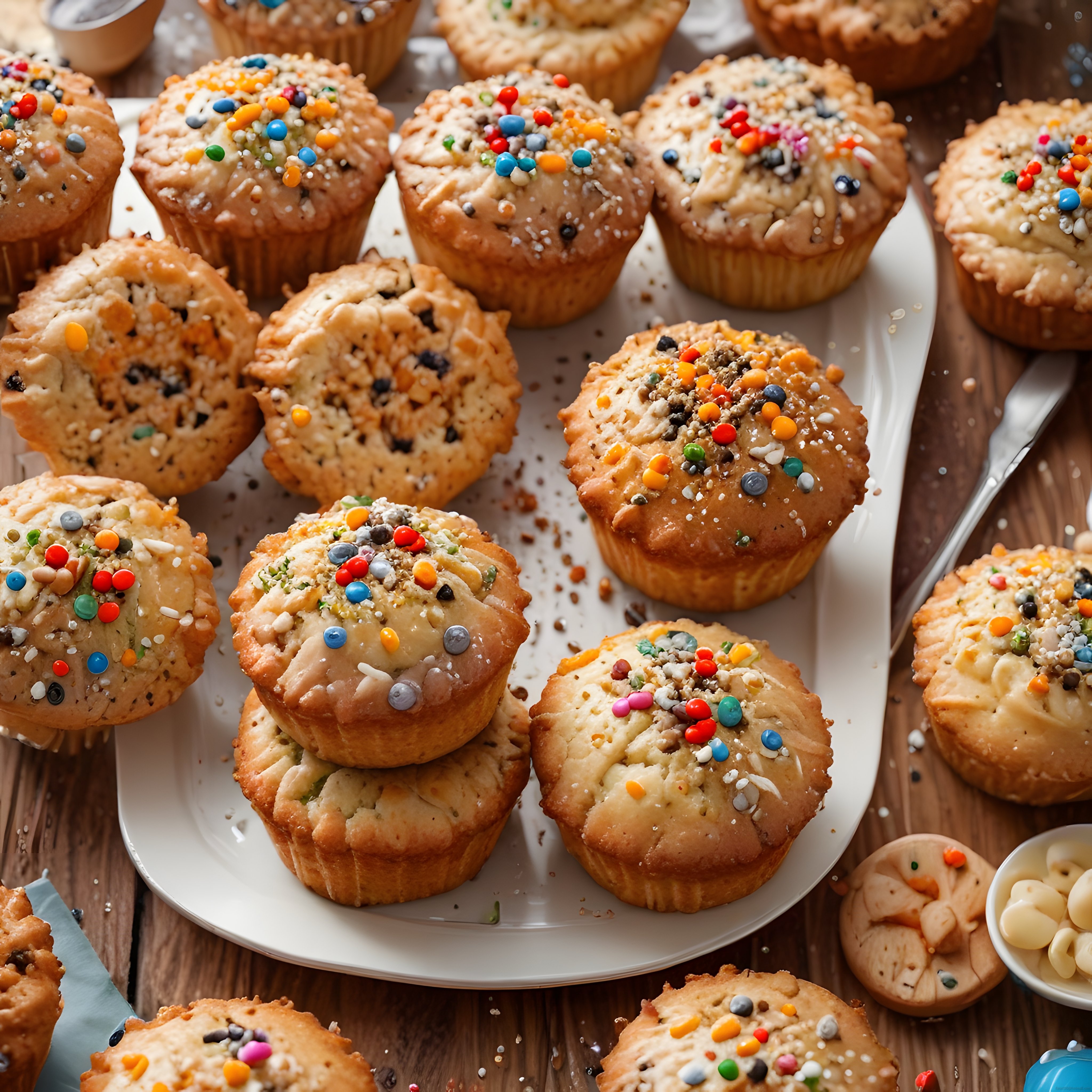 Ahşap Masada Renkli Boncuklarla Süslenmiş Taze Fırın Muffin Çeşitleri
