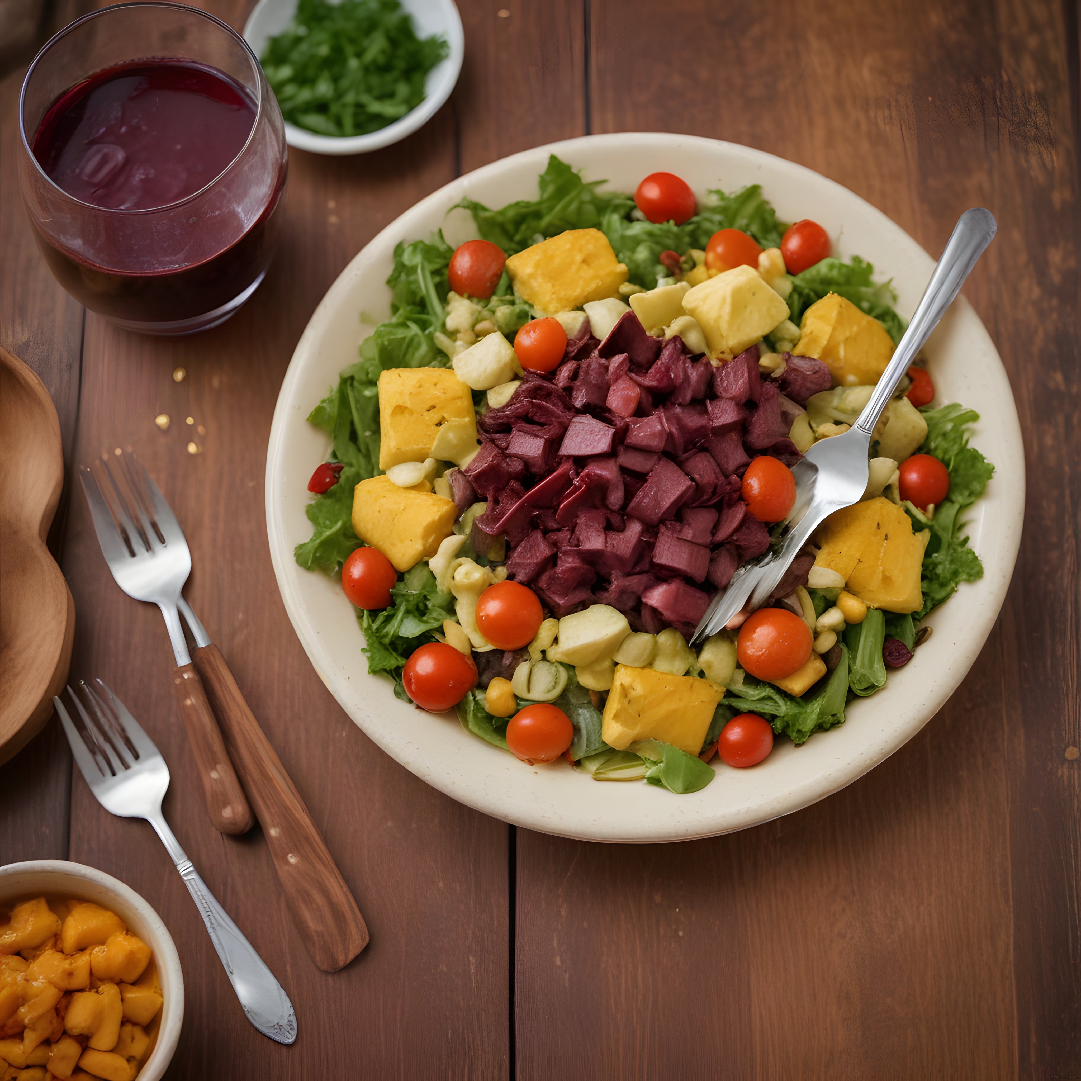 ahşap masada renkli bowl salata ve nar suyu ile sağlıklı sunum
