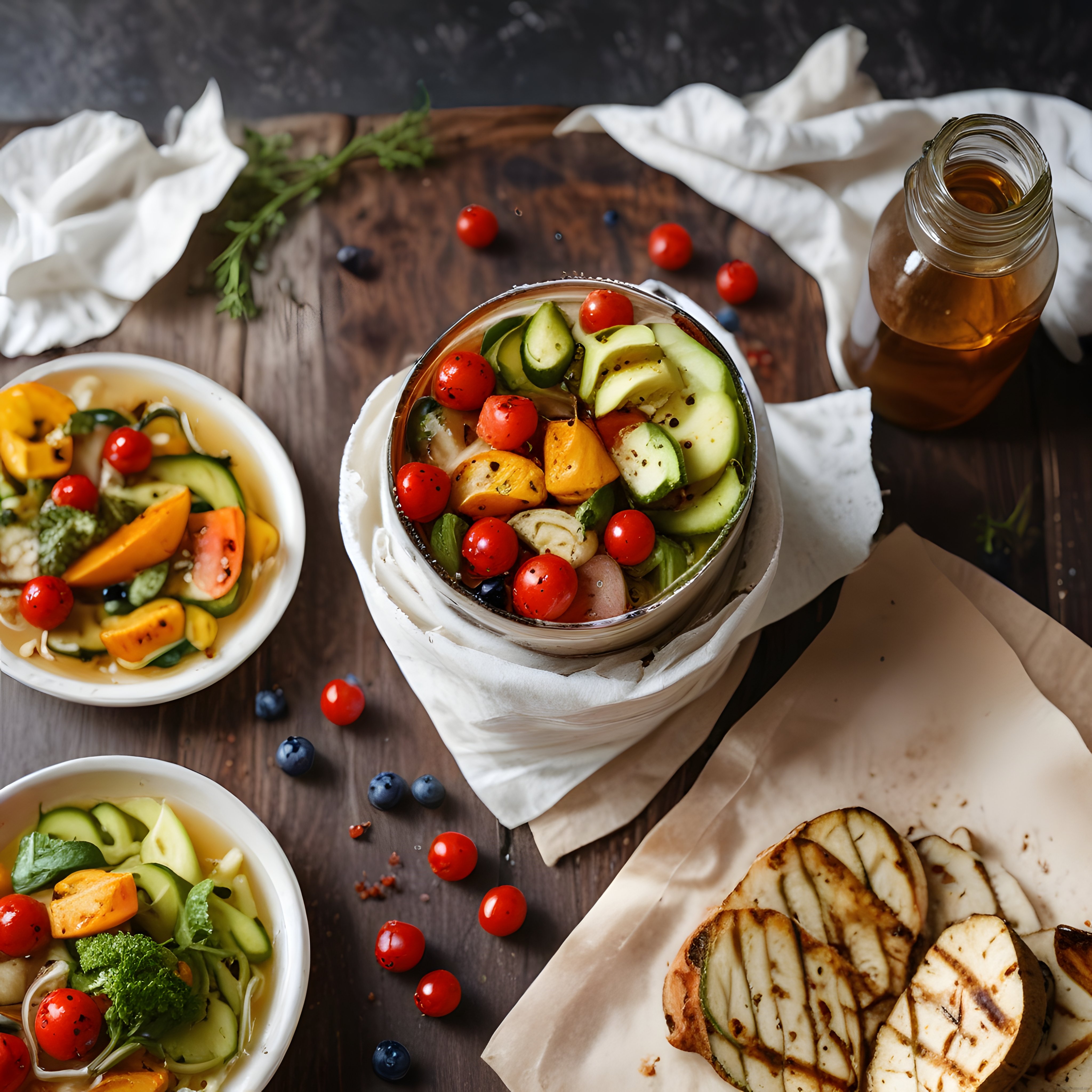 Ahşap Masada Renkli Bowl Tarifleri ve Izgara Hellim Sunumu