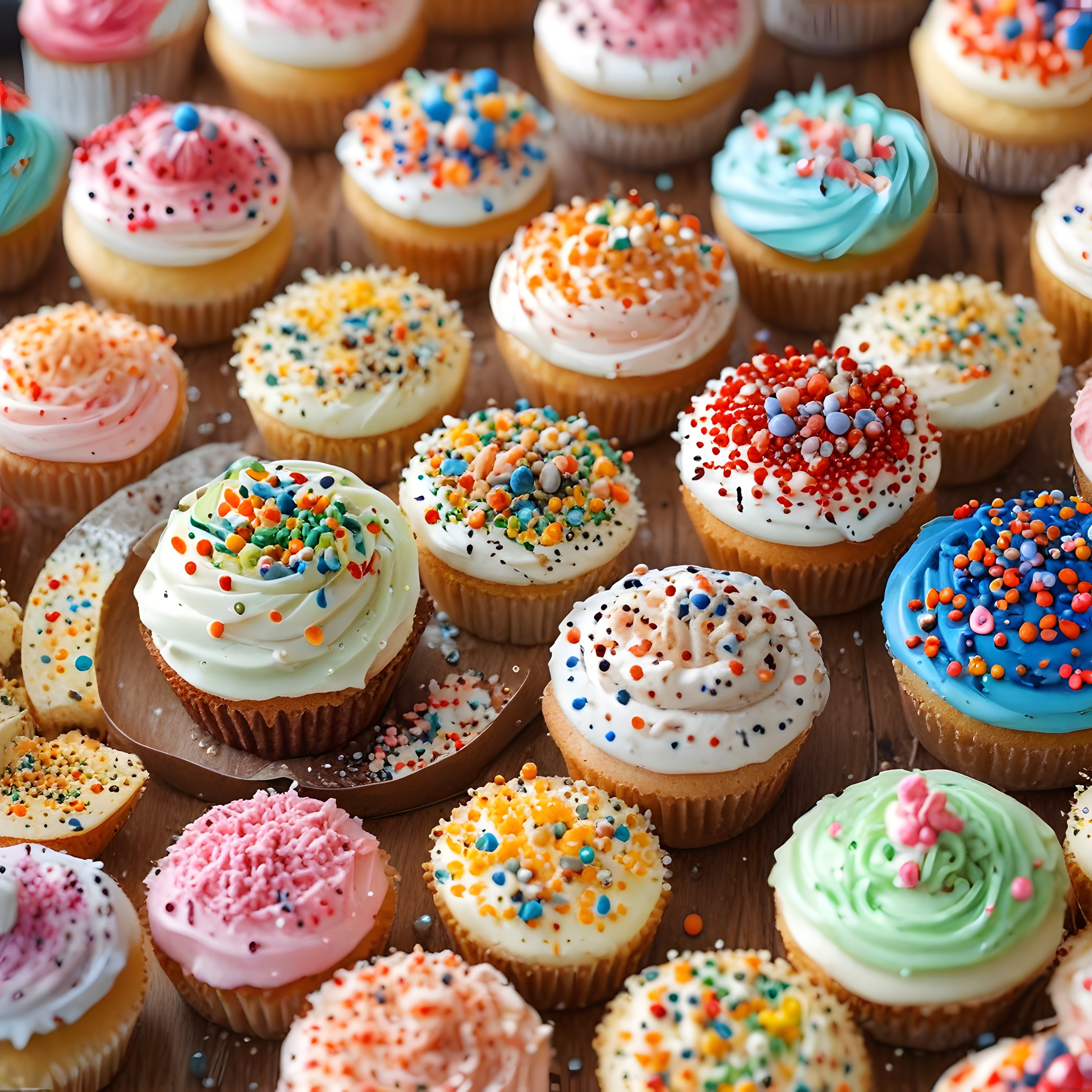 Ahşap masada renkli frosting ve sprinkle süslemeli taze cupcakelerin nefis görünümü