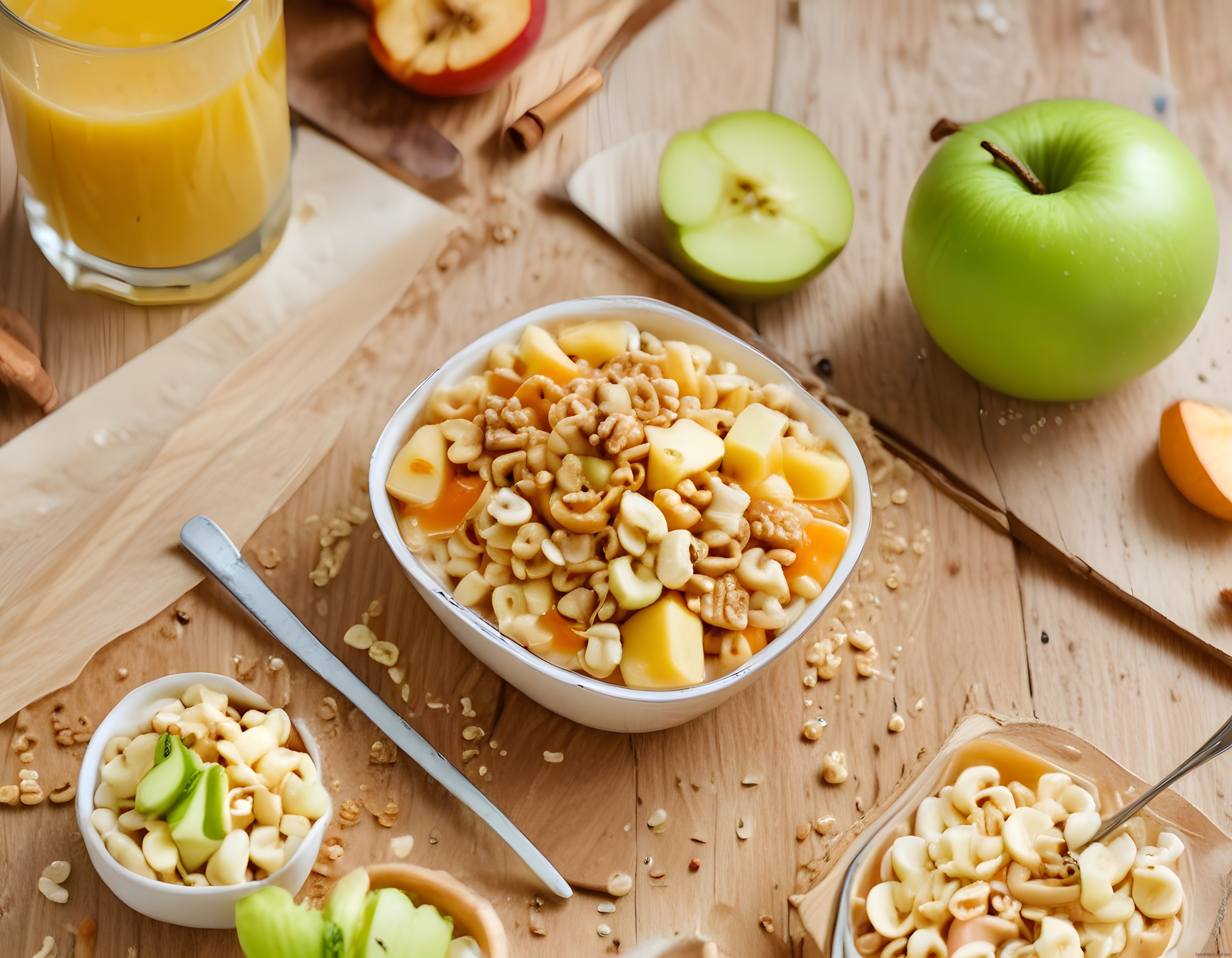 Ahşap Masada Renkli Kahvaltı: Granola Kasesi, Yeşil Elma ve Portakal Suyu