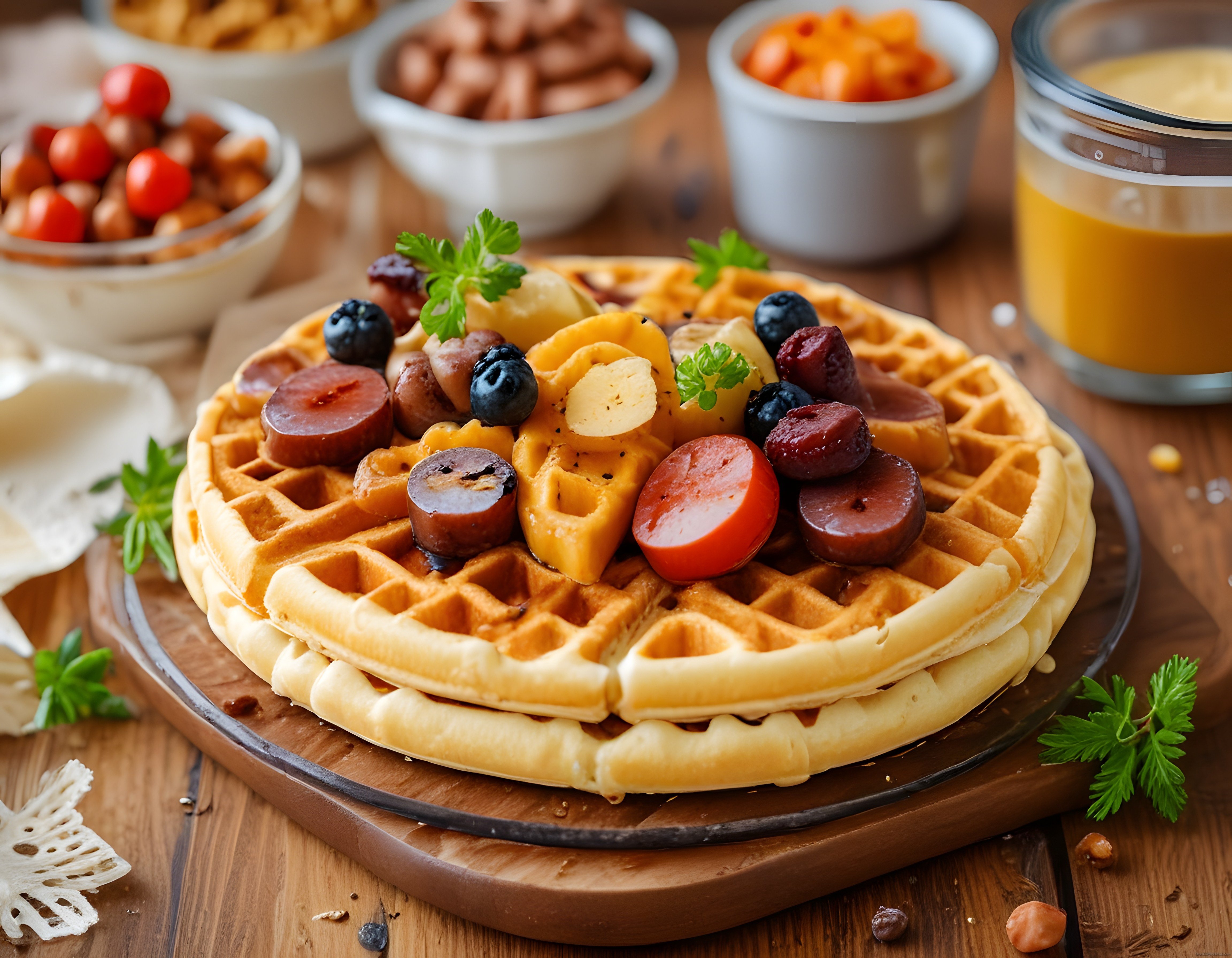 Ahşap Masada Renkli Kahvaltı Tabağı: Waffle, Sosis ve Taze Meyveler
