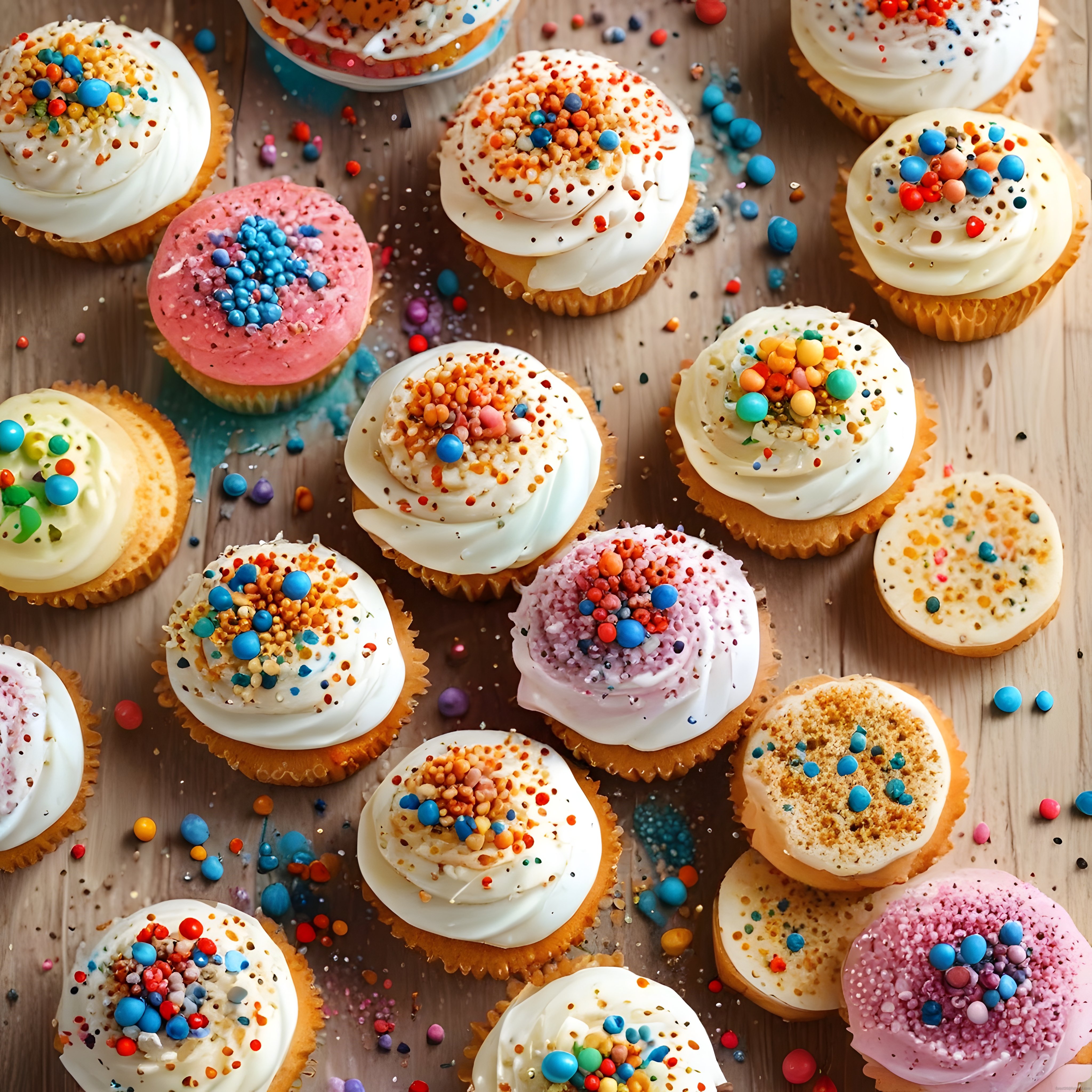 Ahşap Masada Renkli Krema ve Bonibon Süslemeli Lezzetli Cupcakeler