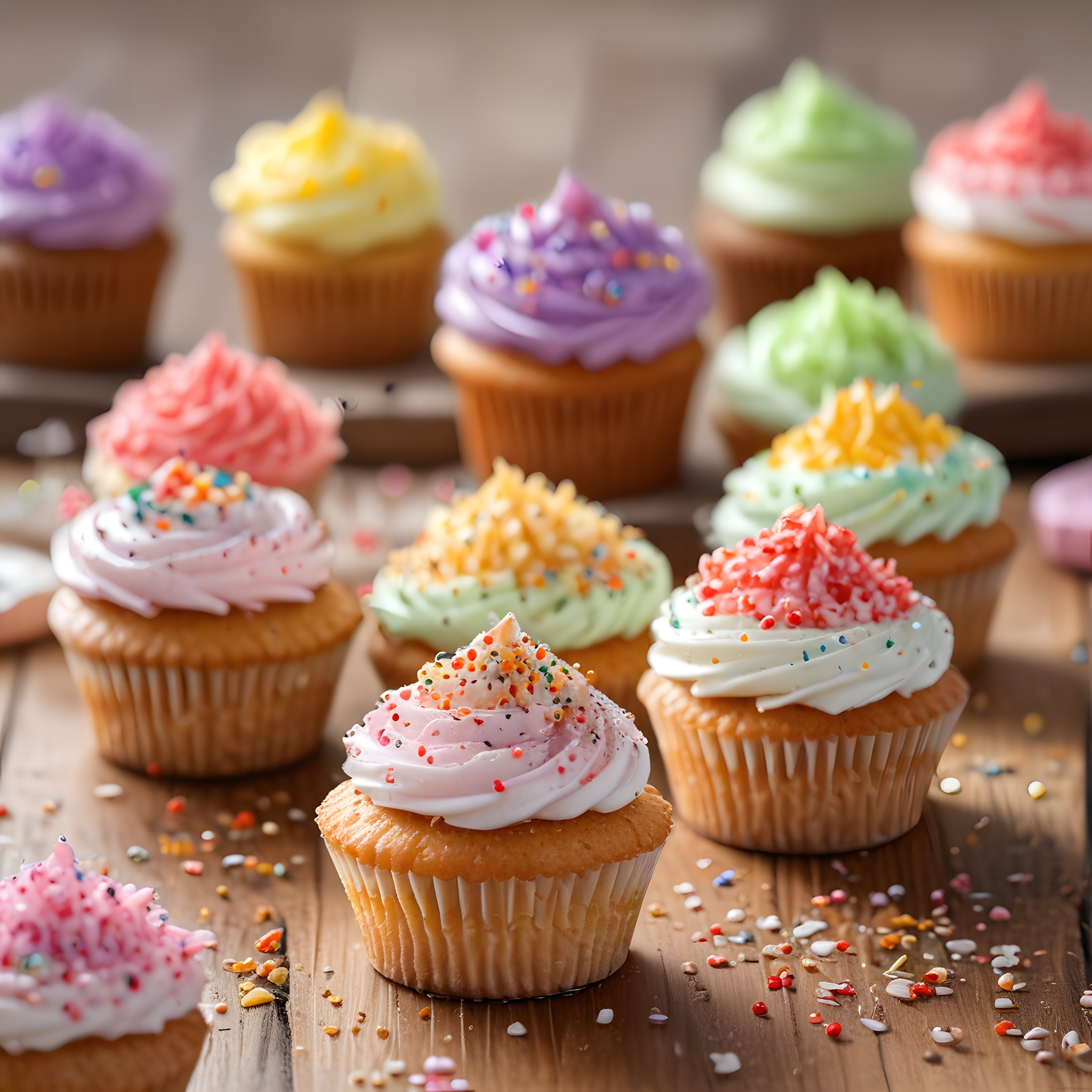 Ahşap masada renkli krema ve şekerlemelerle süslenmiş nefis cupcakeler