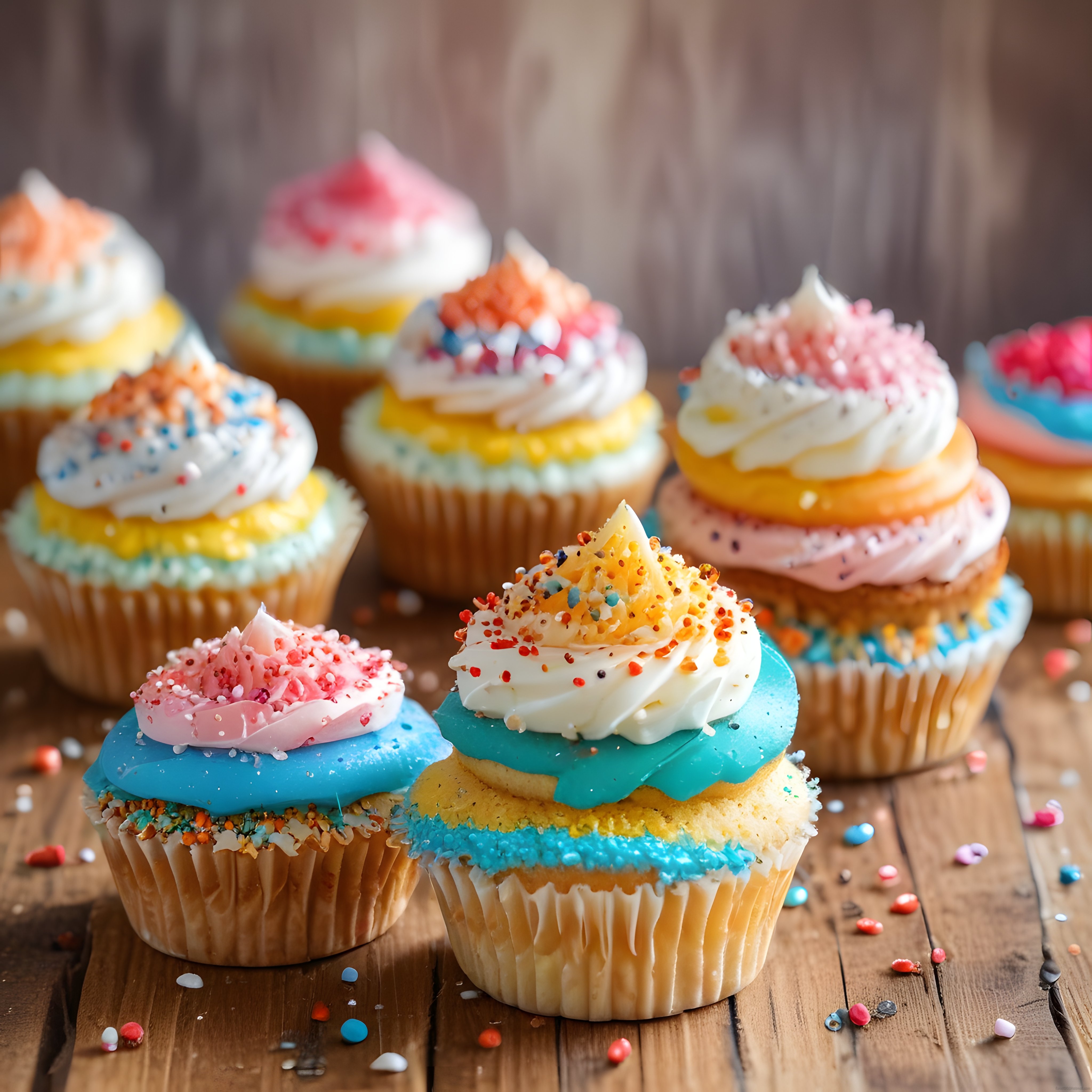 Ahşap Masada Renkli Krema ve Serpintili Cupcake Koleksiyonu